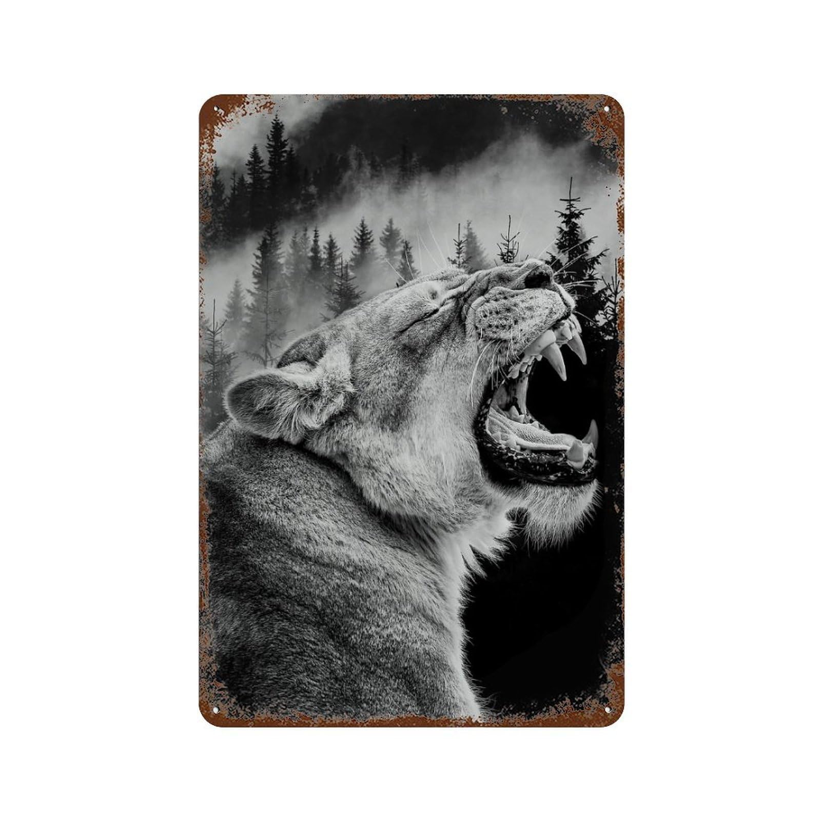 Garage Style Angry Lion Distressed Metal Wall Sign 11.8"x7.9", Rustic Home Decor for Bar And Workshop