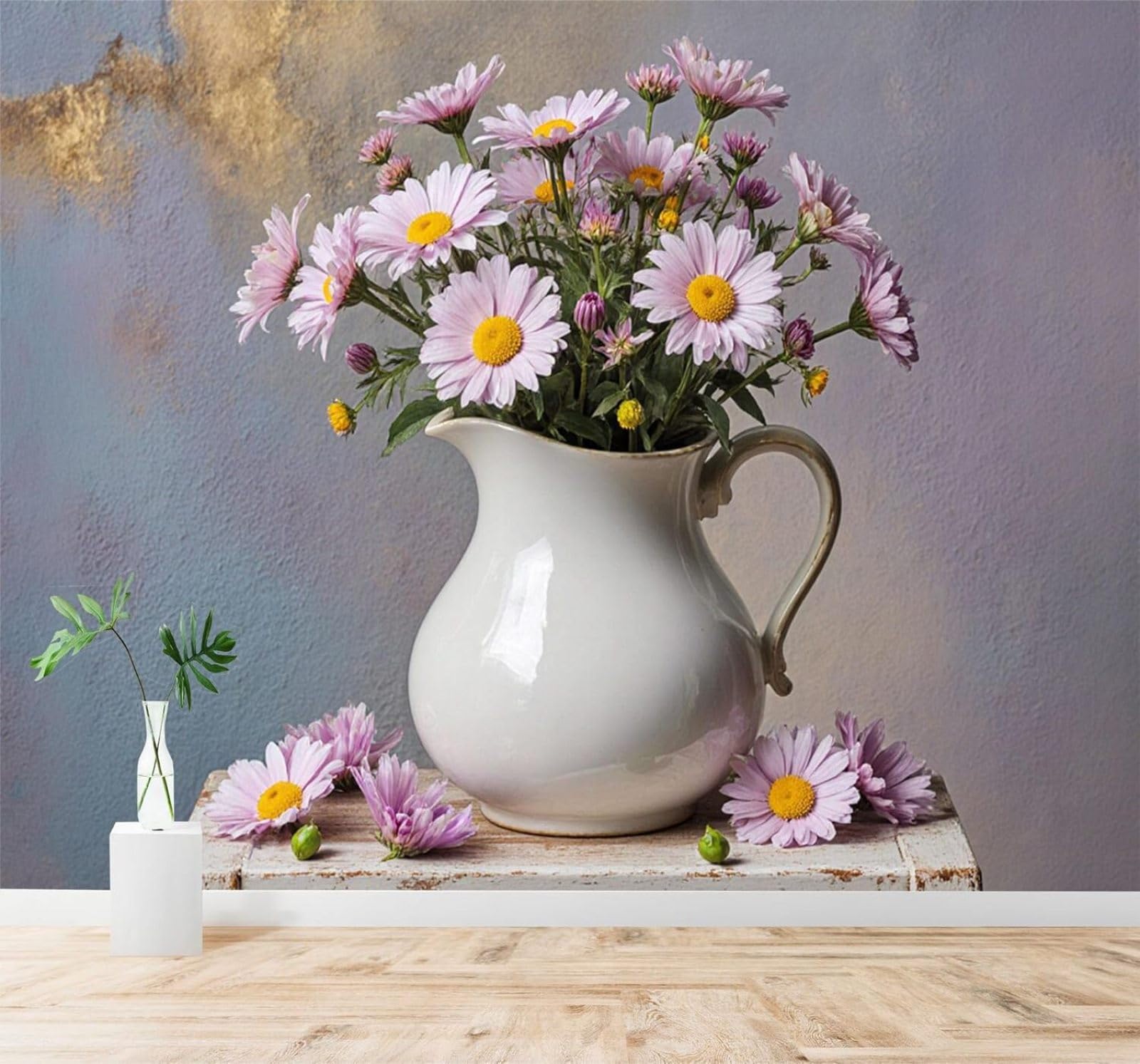 XLMING Beautiful Pink Bouquet White Ceramic Vase Rustic Background 3D Wallpaper Silky Texture Home Study Office Grey Dining Room Sofa Bedroom Living Room TV Backdrop-200cm×140cm