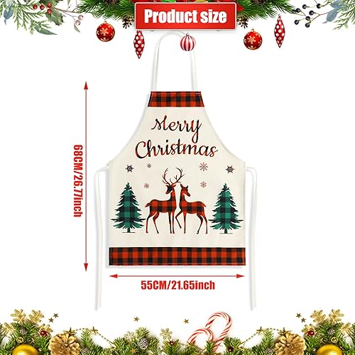Miniatura 3 de Delantal de Navidad de 4 piezas, delantal de búfalo rojo y negro, delantal ajustable para hornear de cocina con palabras de copo de nieve