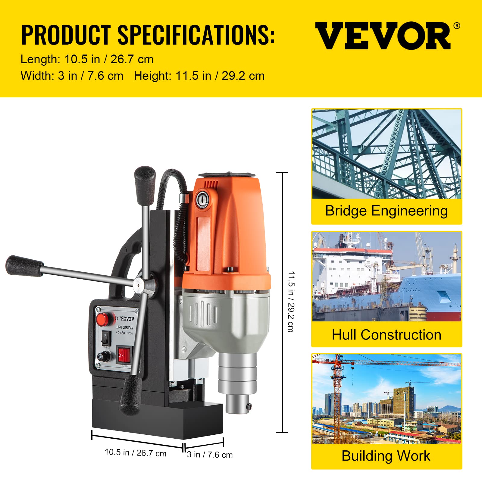 VEVOR Trapano Elettrico Magnetico BRM35, Motore del Sistema di Perforazione Magnetico ad Alta Potenza 980 W, 220 V, 50 Hz, con comoda maniglia, Usato per Strutture in Acciaio, Costruzioni Navali