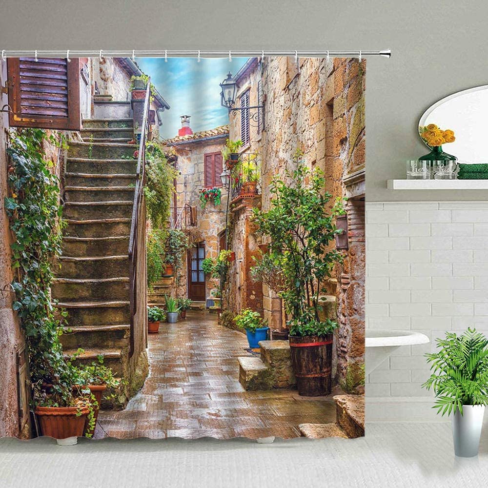 YUAOEUR Retro Design Nordic Italian 3D Shower Curtain Old Courtyard Street in Italy, House Wall Stairs Green Plants Scenery Bathroom Decoration Curtains with Hook 71X 71 inch Pale Yellow Green Orange