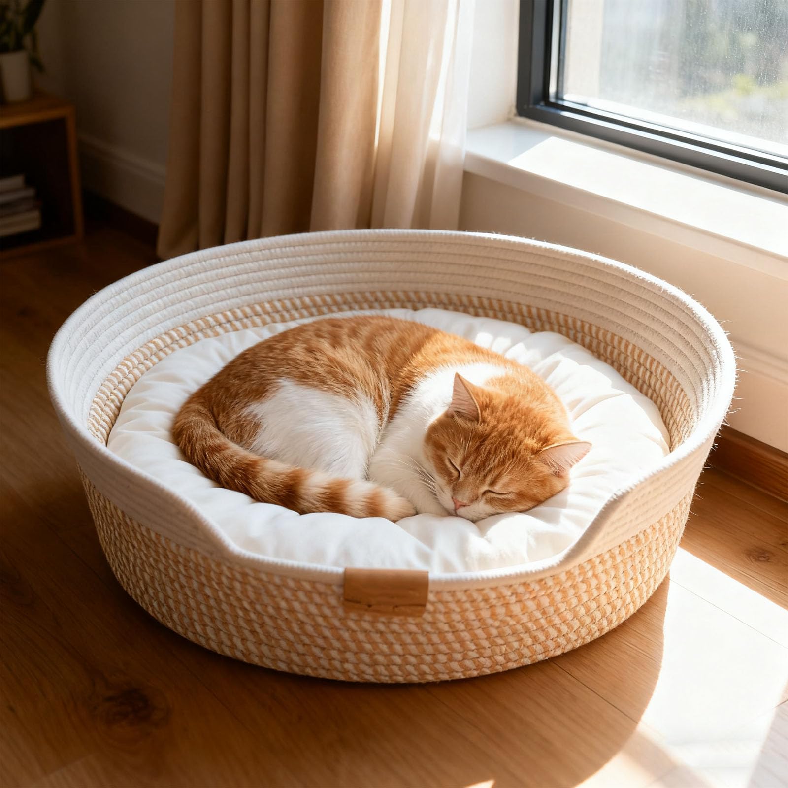 Cama para Gatos con Cojín y Cuerda de Algodón Tejida | Cesta de Gato Lavable Resistente al Desgaste, Camas para Gatitos de Interior, Cama Cálida Universal para Todas las Estaciones