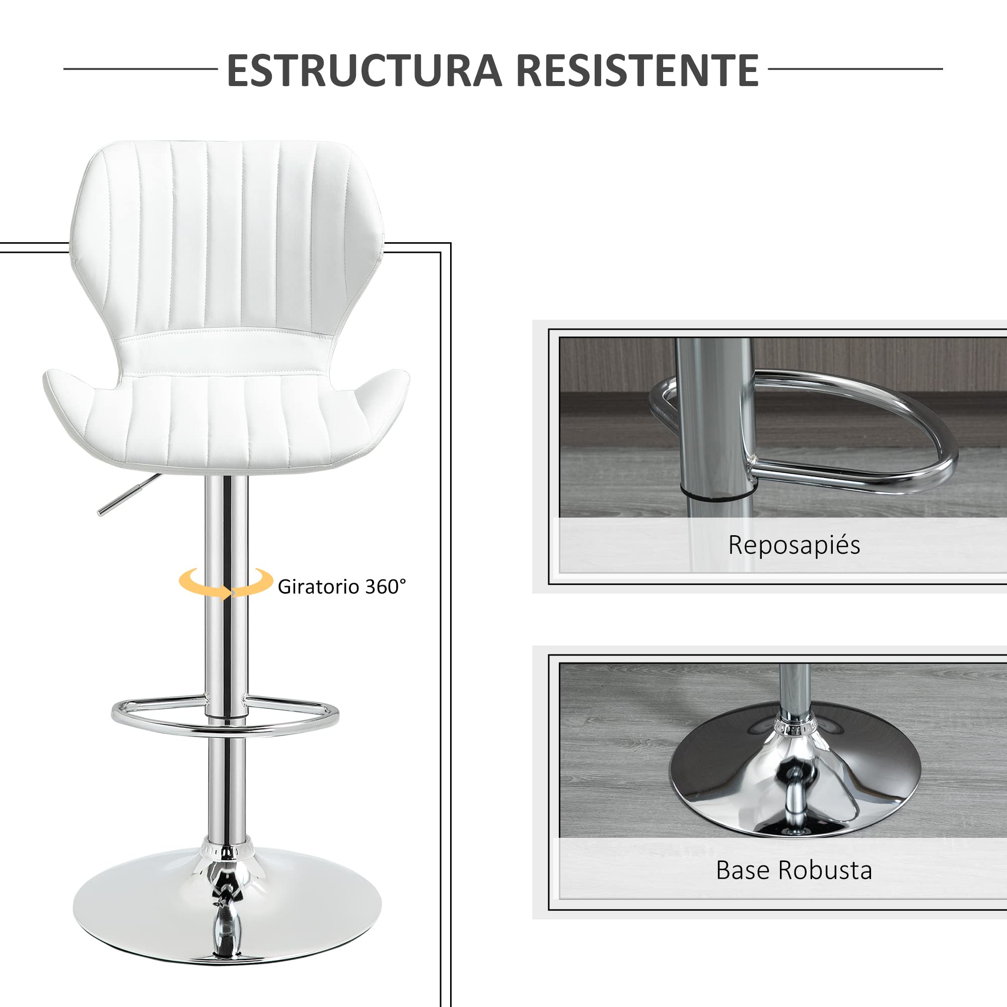 HOMCOM 2 Taburetes Altos de Cocina Giratorio 47x51,5x92-114 cm Blanco | Taburetes Altos de Cuero Sintético, con Respaldo, Estructura de Metal