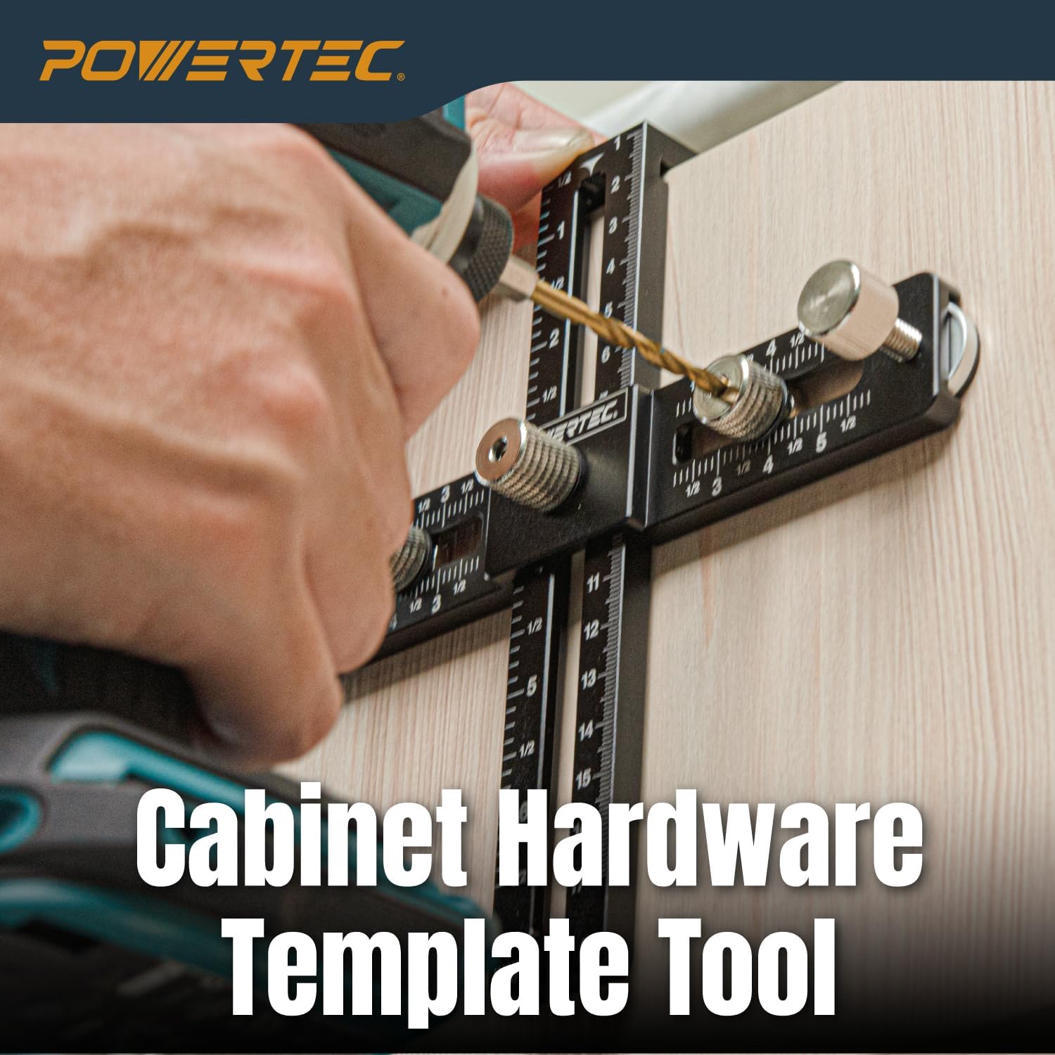 POWERTEC 72186 Cabinet Hardware Jig for Knobs, Handles & Pulls - Adjustable Drill Guide Template Tool for Cabinets, Woodworking, Doors & Drawers