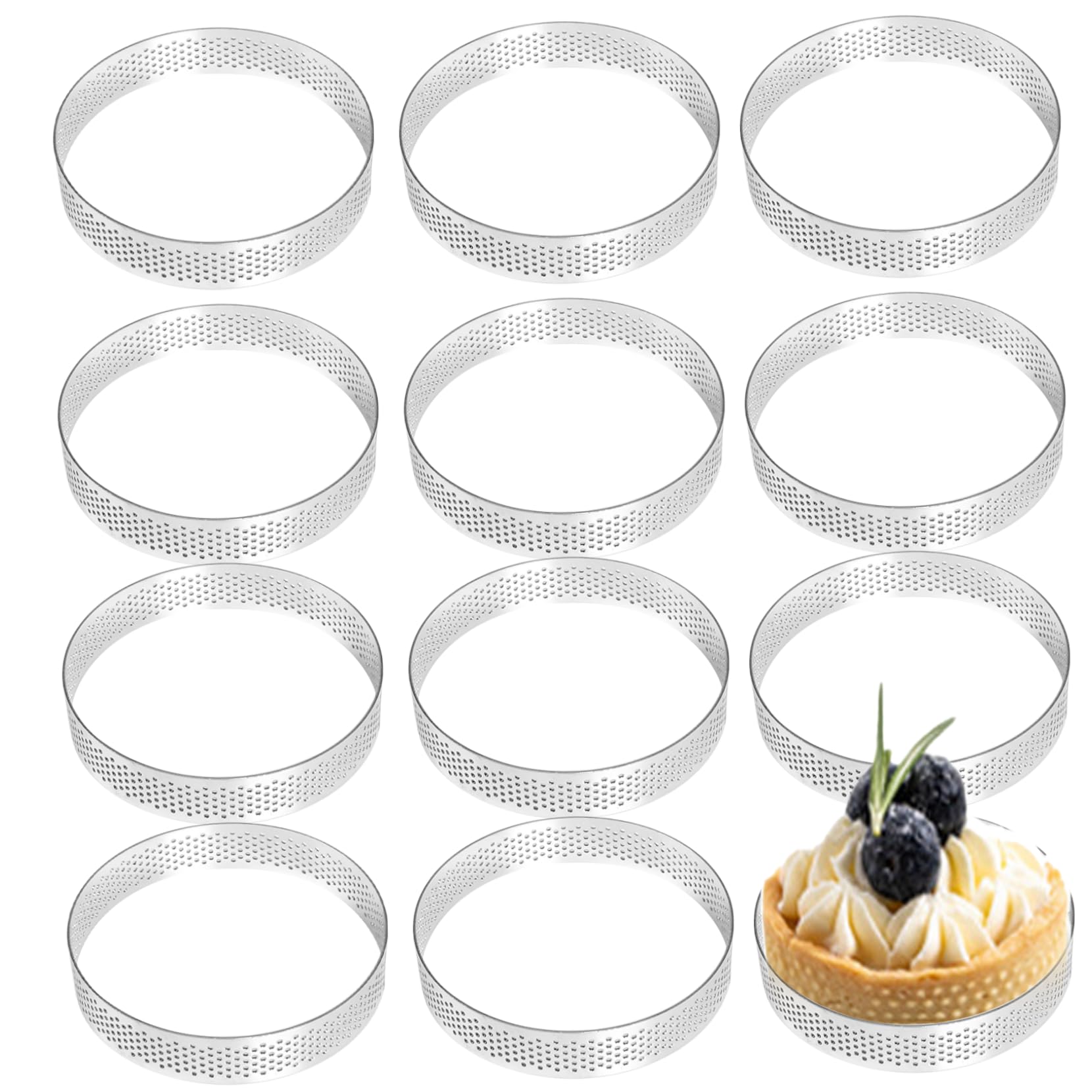 Striegro Tart Rings 12Pcs Crumpet Rings 3.2'' Baking Nonstick Cake Perforated Tart Ring Stainless Steel Mousse for Baking Dessert Crisp Tarts..