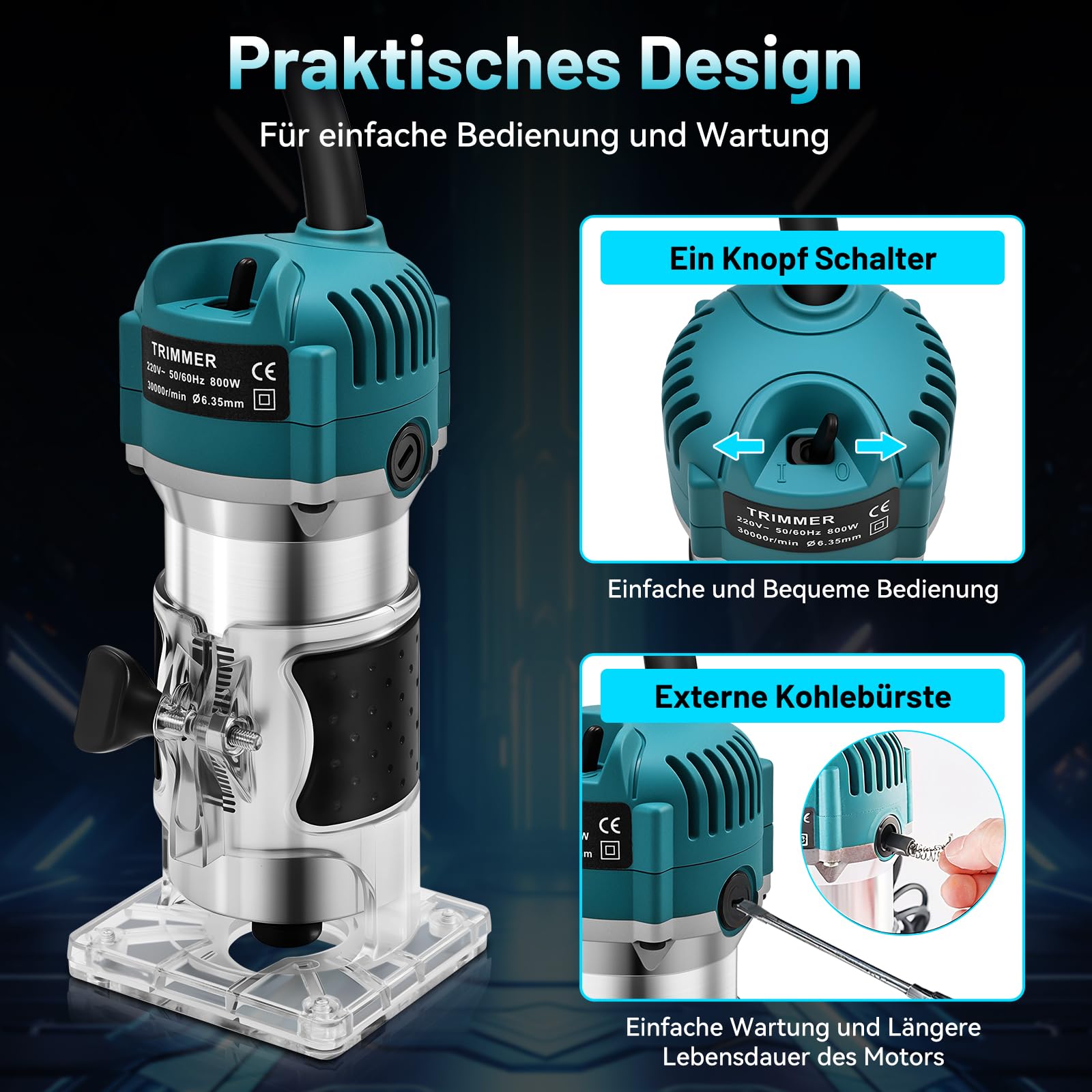 Oberfräse Kantenfräse Einhandfräse, 800W 30000 U/min Elektrischer Holzfräser Trimmer, Multifunktionsfräse mit 15 Stück 6,35mm Fräser Set für Holz, Transparente Basis| Aluminiumgehäuse