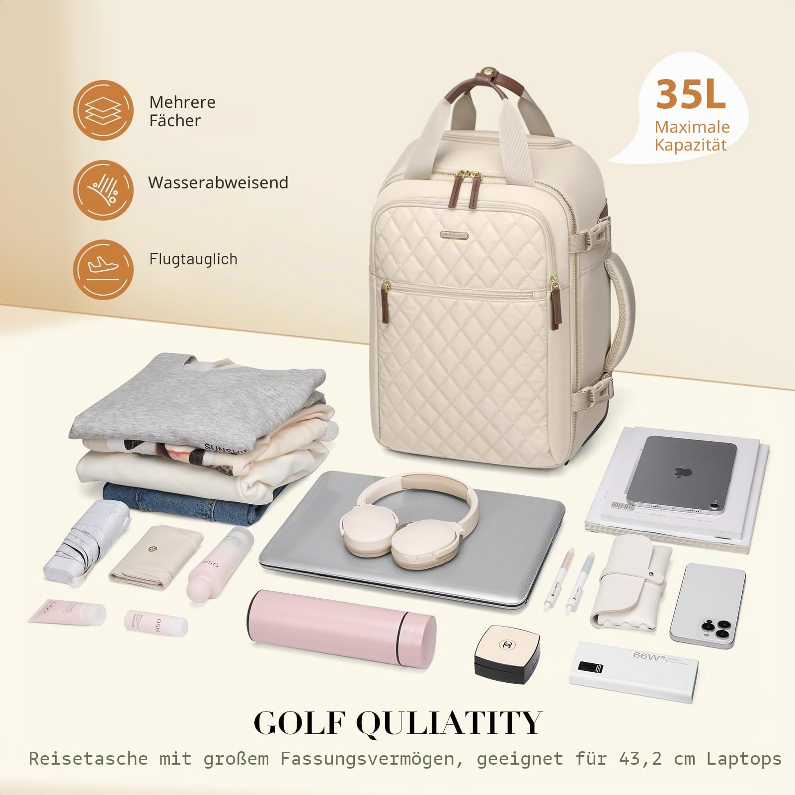 Reiserucksack Damen Rucksack Handgepäck Flugzeug 17 Zoll Laptop Rucksack Herren Wasserdicht Reisetasche Groß Travel Backpack Women Weekender Bag für Reise Arbeit,Aprikose