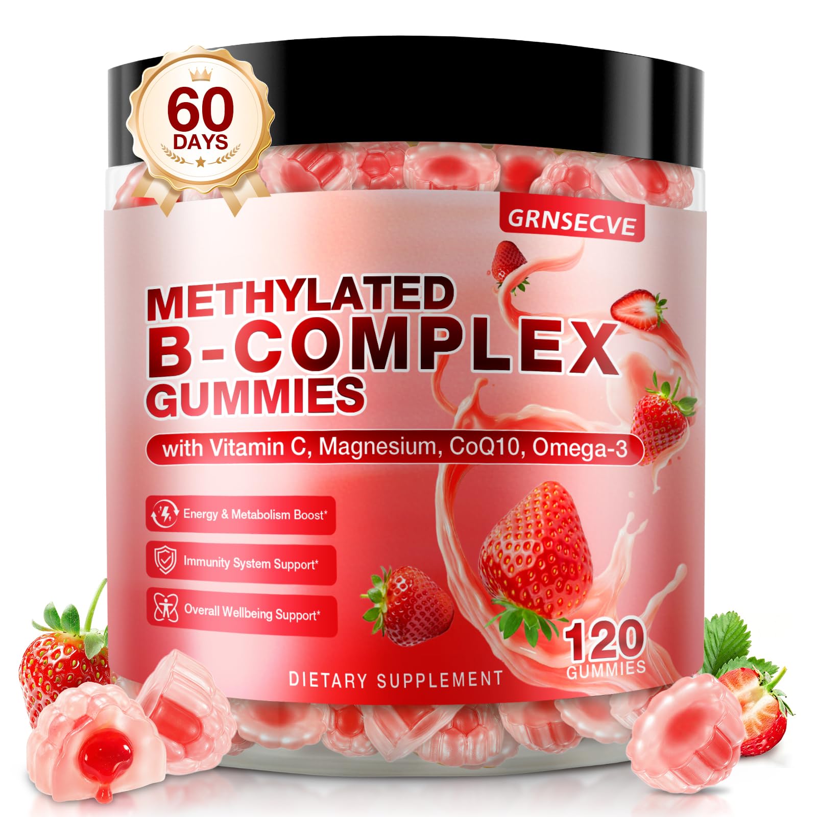 14-IN-1 Methylated Vitamin B Complex Gummies for Women & Men, 120ct, All B Vitamins - Omega-3, Magnesium, Vitamin C, Methyl B12 2000 mcg, PABA, Supports Brain Health, Energy, Immune, Sugar Free, Vegan