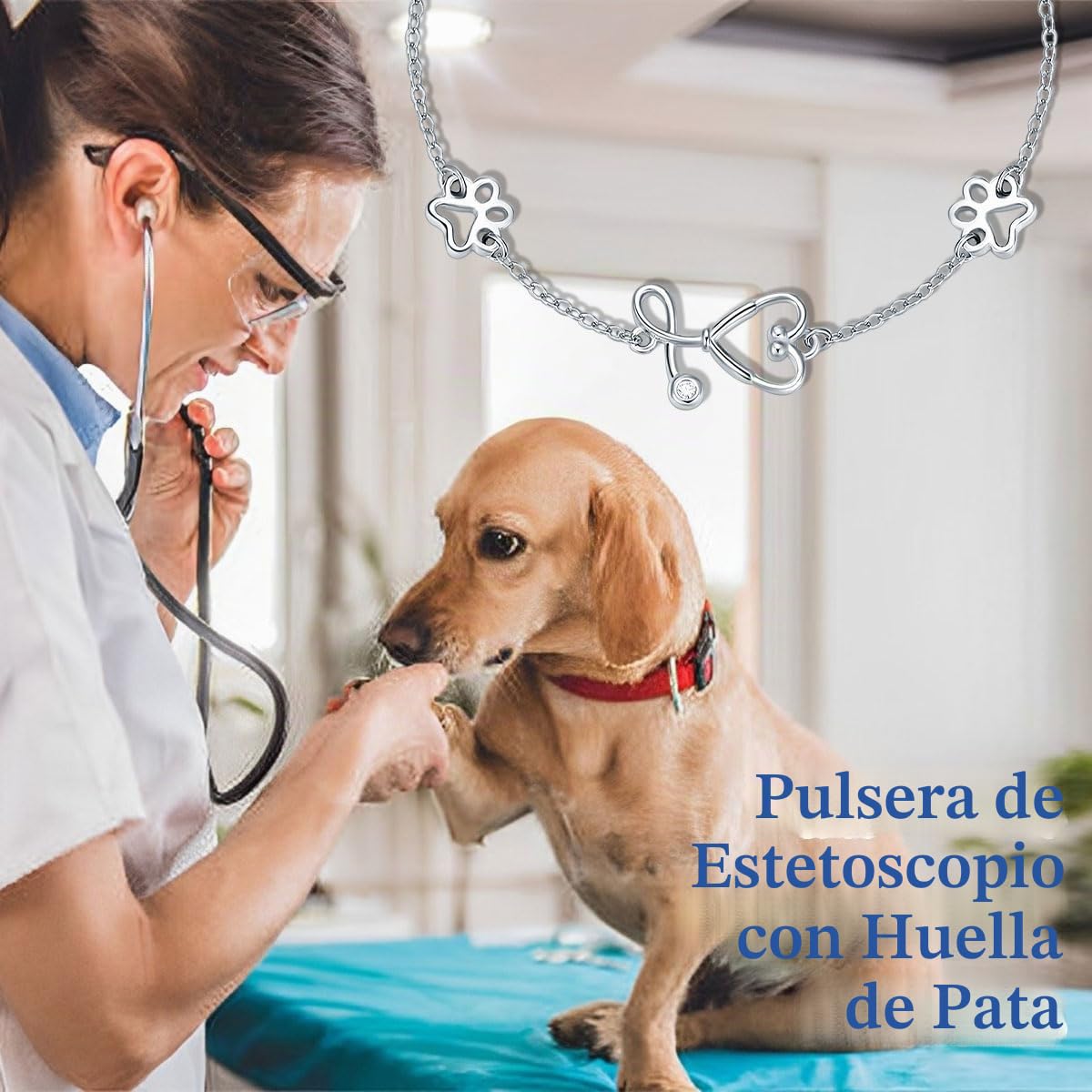 YFN Pulsera veterinaria de plata de ley 925 con dije veterinario, pulsera con diseño de huellas de huellas de estetoscopio, joyería veterinaria para mujeres y niñas, regalos para estudiantes