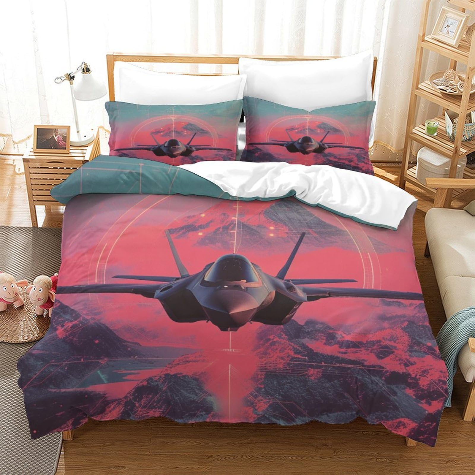 P1s9u7w5y Aircraft-5 Dynamic Aircraft 3D Printed Duvet Cover Set 3Pcs Microfiber Aviation Bedding Set Double（200X200cm）