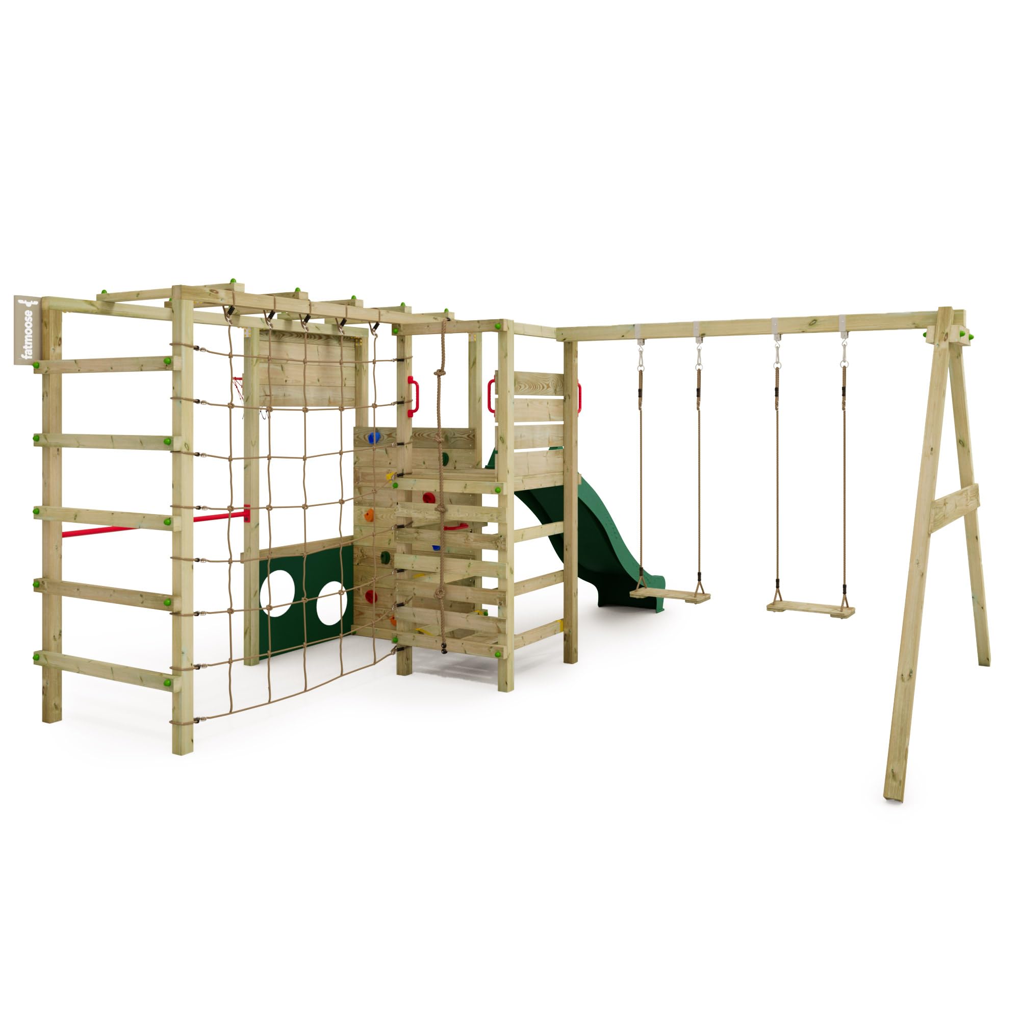 FATMOOSE Aire de Jeux ActionArena Air XXL portique en Bois avec balançoire et Toboggan, Tour d'escalade pour Enfants avec bac à Sable, échelle et Accessoires de Jeu pour Le Jardin. (Vert)
