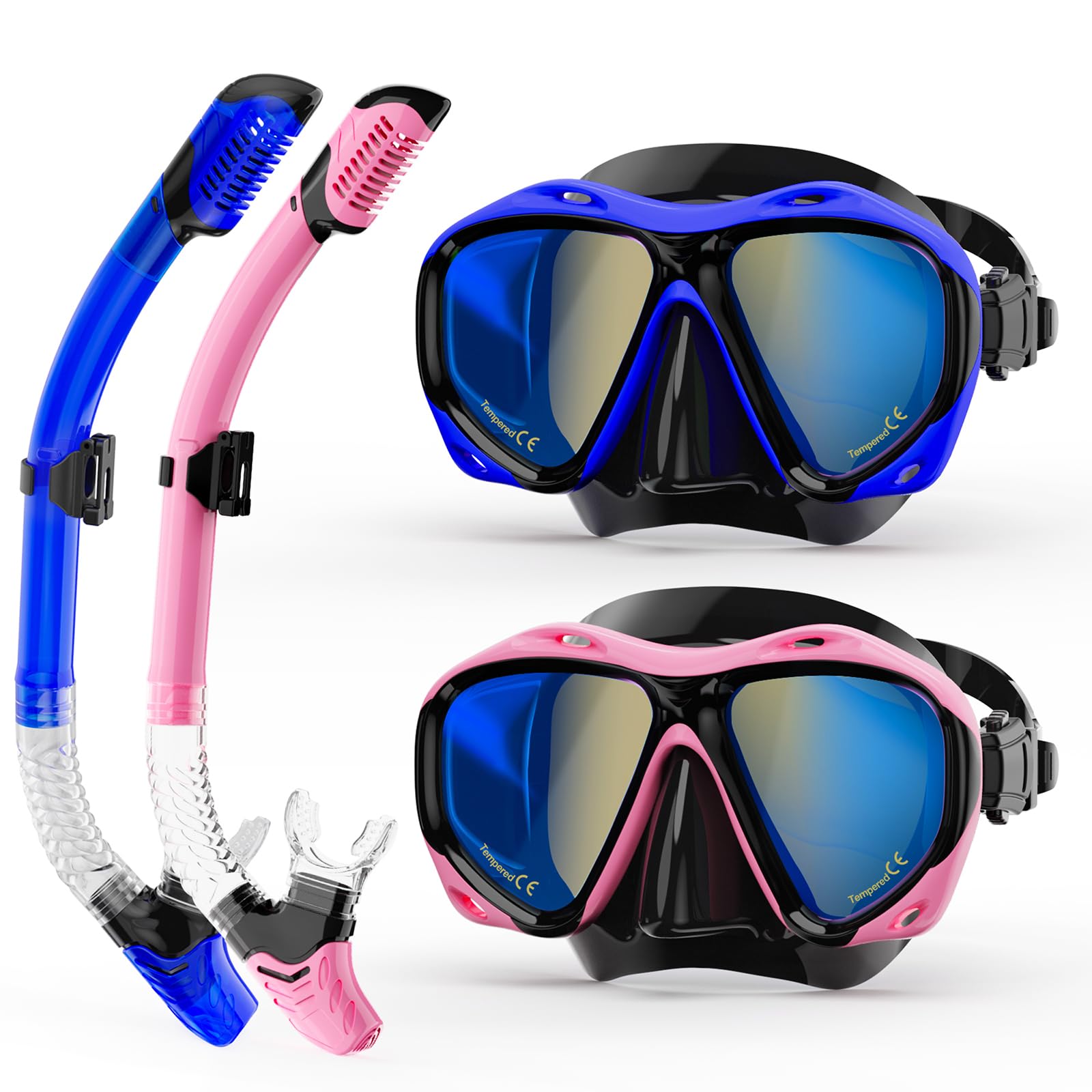 Snorkeling Gear for Adults, Snorkel Mask With Mirrored Tempered Glass Lens 180ยฐ Wide View Anti-Fog Scuba Diving Mask, Professional Snorkel Set for Swimming Diving (Blue+Pink)