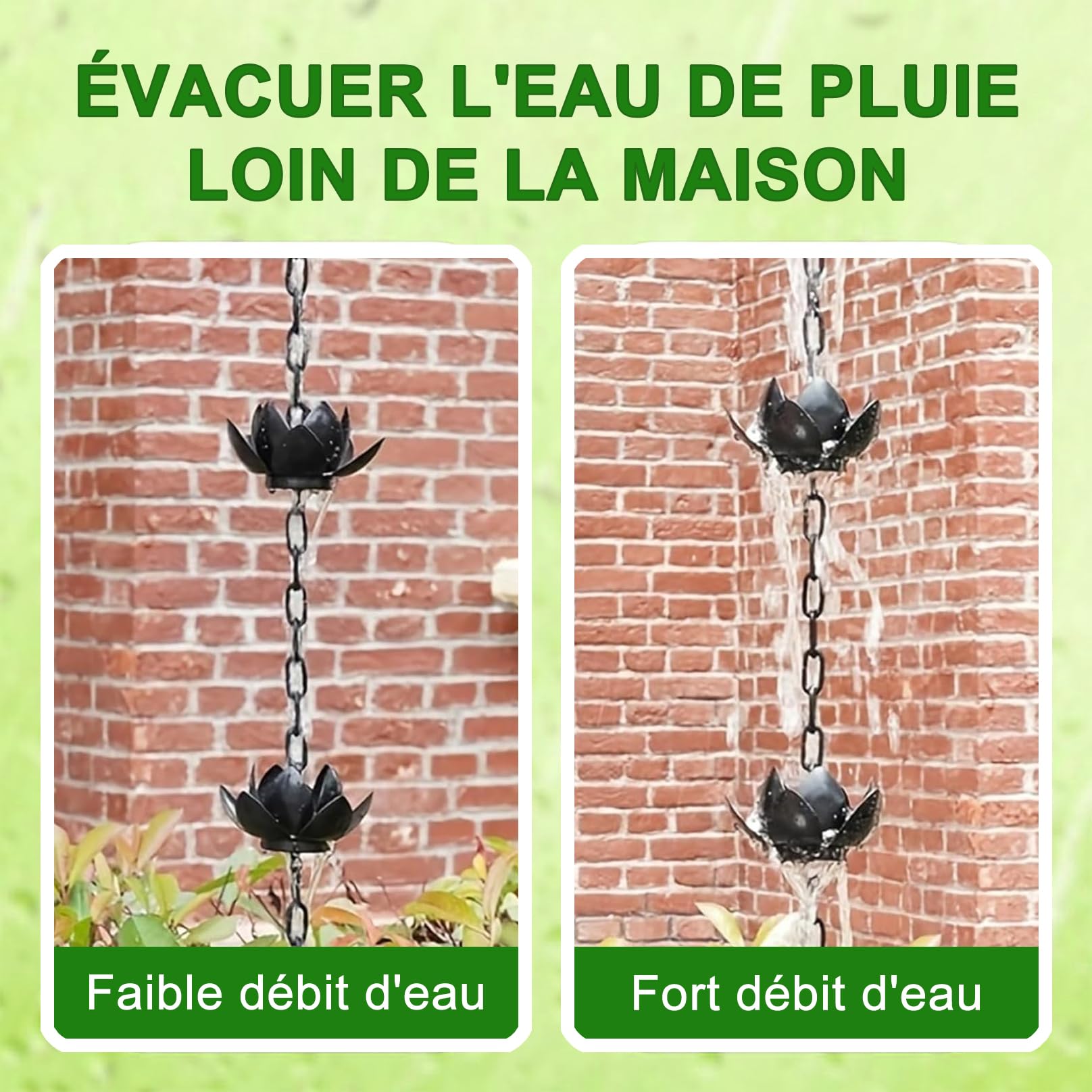 Chaîne de Pluie Décorative avec Coupelles Lotus, Chaîne de Pluie pour l'Extérieur, Pratique et Élégante, Alternatives aux Descentes Pluviales, pour Toit Jardin Terrasse A 2.4m