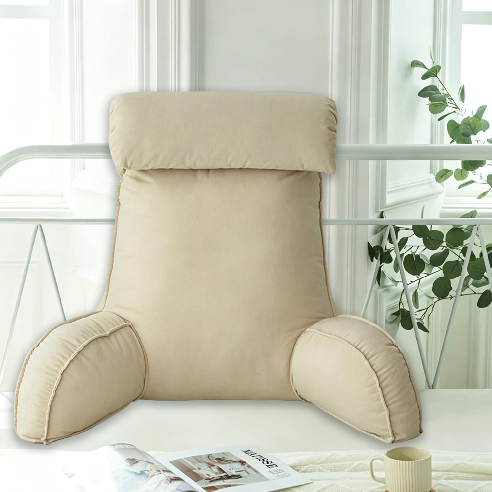 Hruile Beige Reading Pillow With Headrest, Back Arms Support Cushion For Adults And Kids, Backrest Pillow With Removable Cover, Cuddle Cushion For Sitting Gaming Relaxing (75×40×55Cm,)