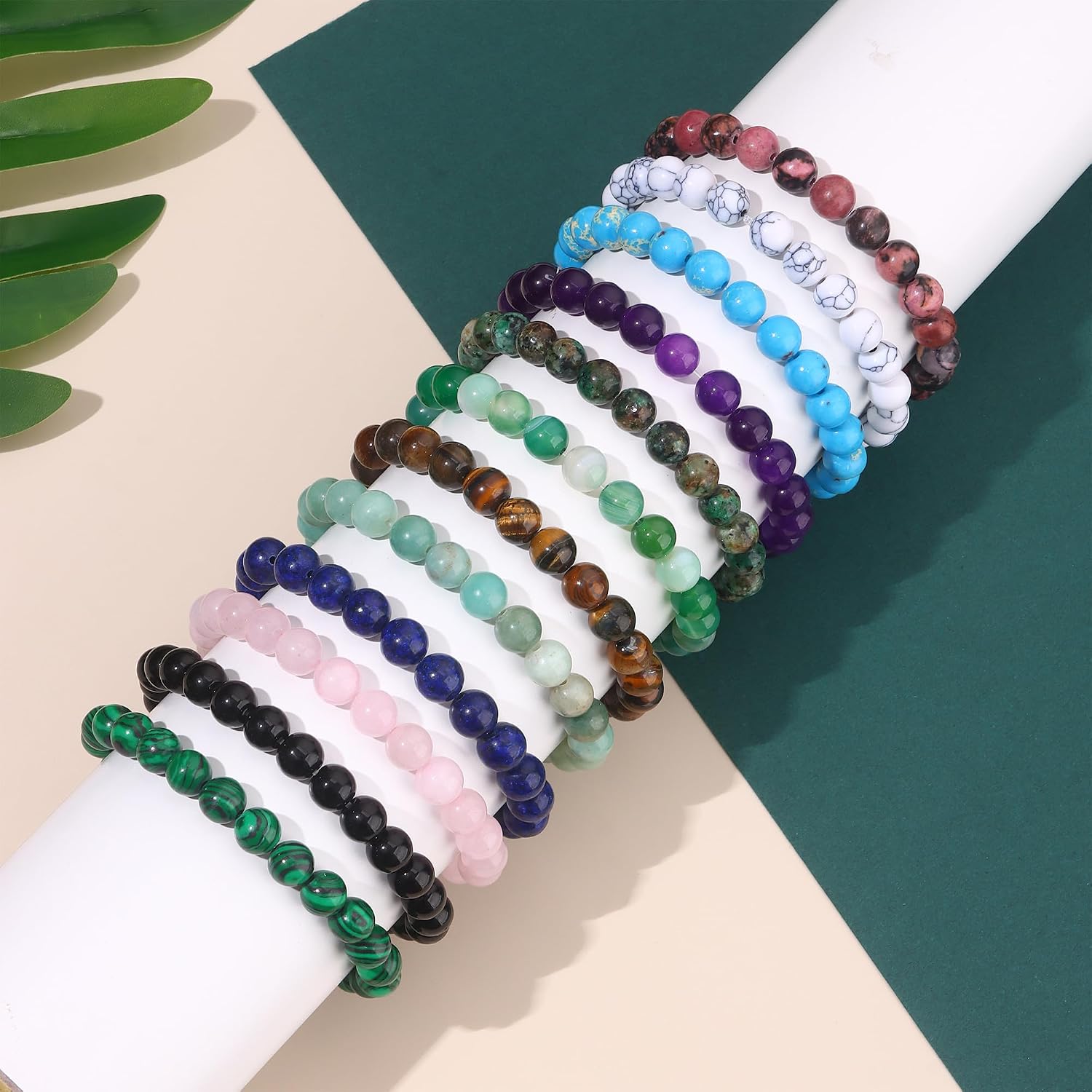 FIRAZIO 12PCS 6mm 8mm Gemstone Beaded Bracelets for Women Semi-Precious Natural Crystal Bracelets Round Beads Gemstones Stretch Bracelet Jewelry Gift
