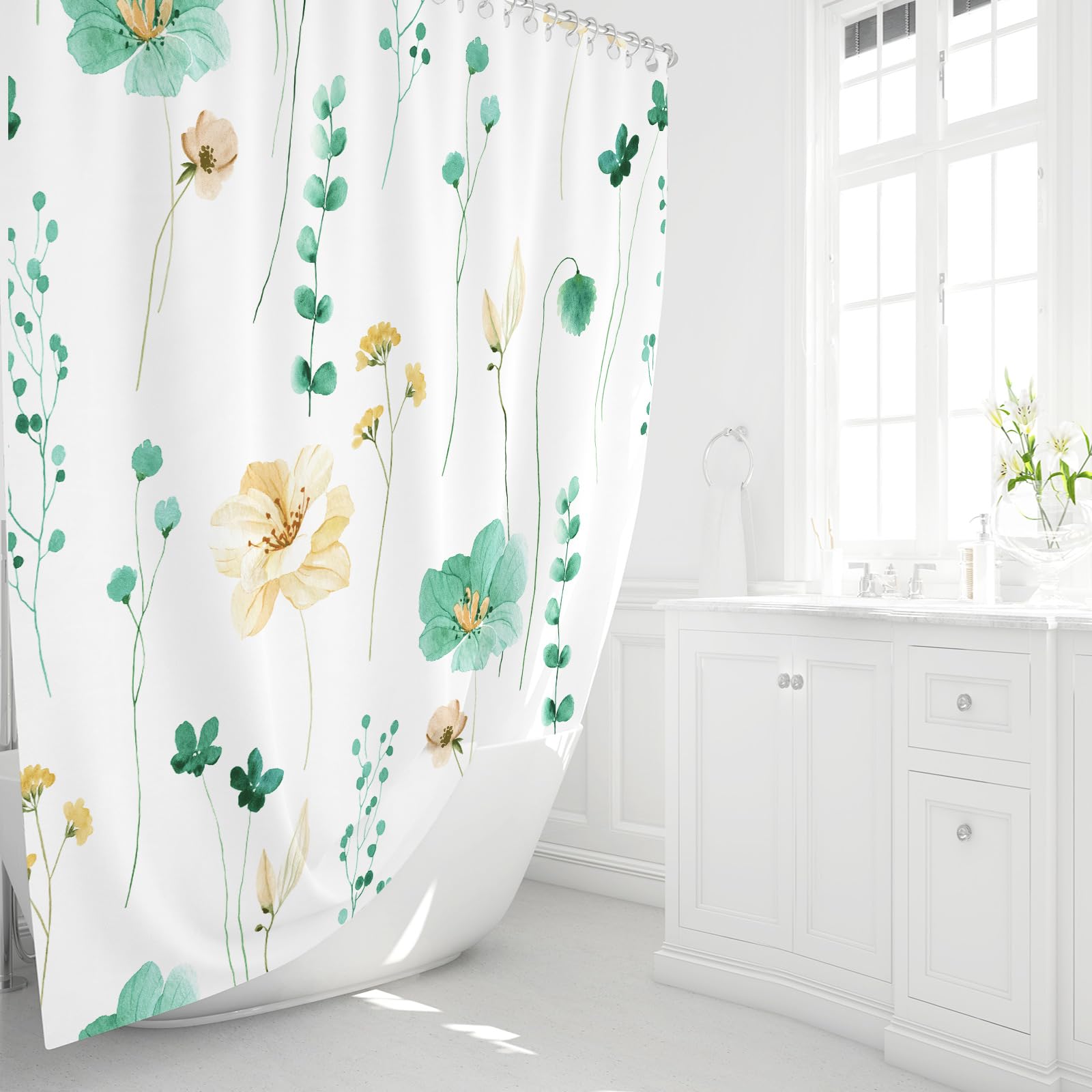 Gibelle Duschvorhang Aquarell-Blumen – 183x213 Cm, 100% Polyester, Wasserabweisend, Mit 12 Haken, Braun-beige Blumenmuster