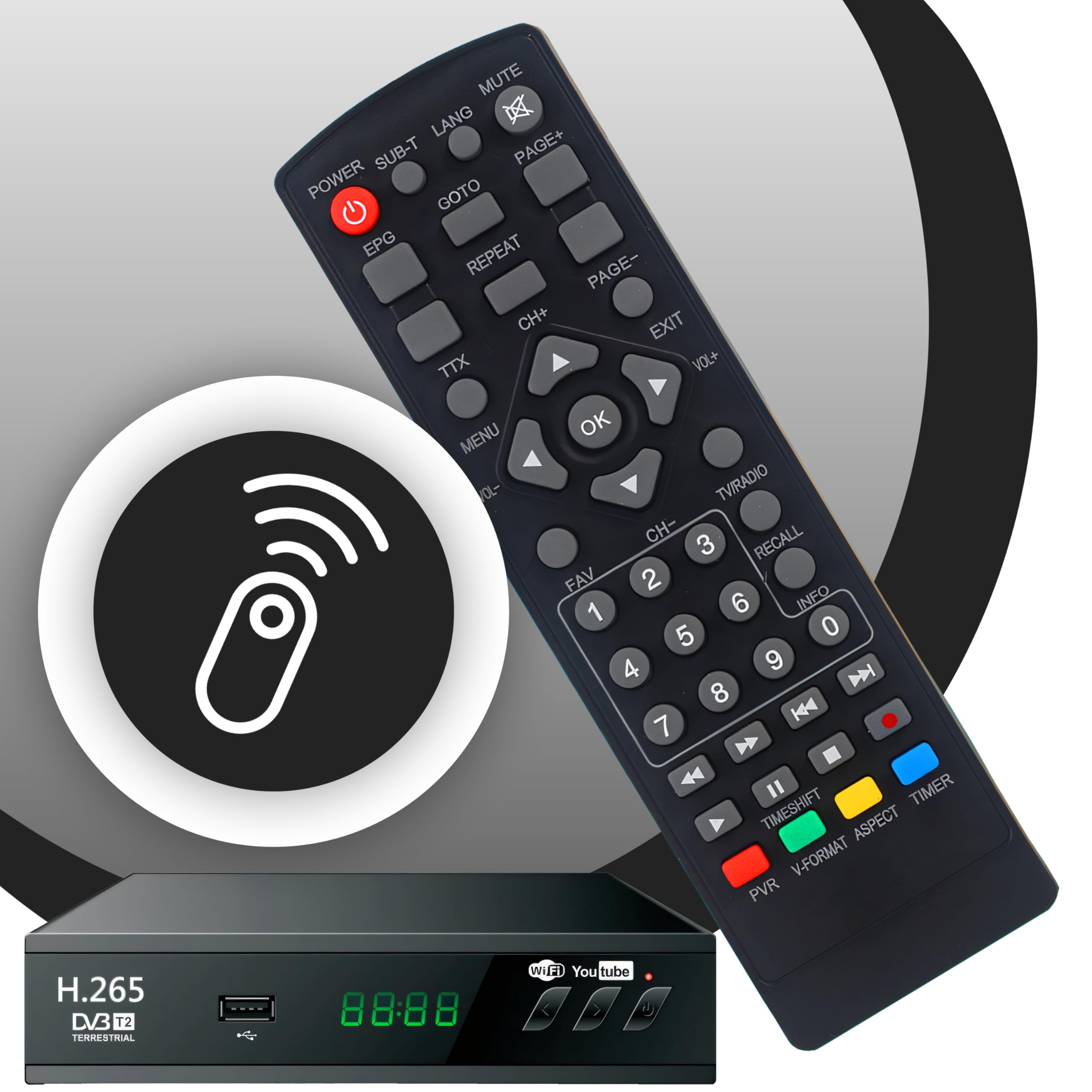 Retoo Odbiornik DVB-T2 HD z H.265 HEVC, odbiornik cyfrowy z HDMI, SCART, funkcją nagrywania PVR, Timeshift i USB, tuner TV Full HD do telewizji kablowej, z pilotem sterującym i kablem
