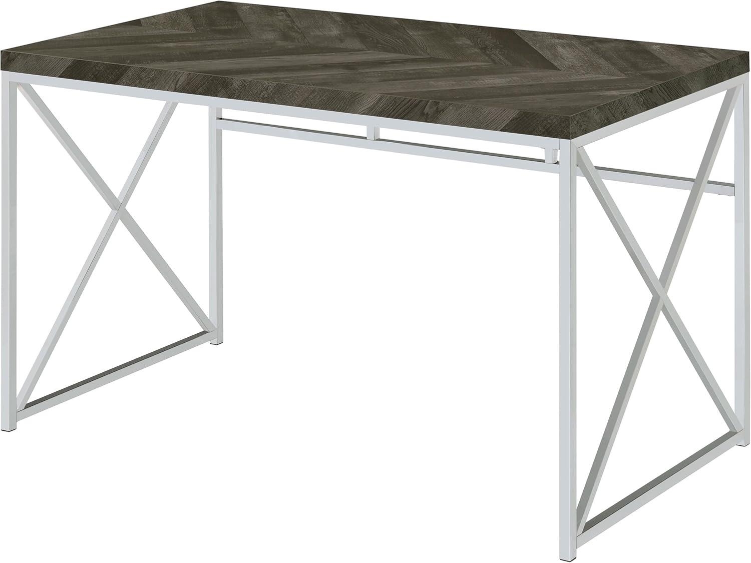 Coaster Home Furnishings – Grimma – Metal & Engineered Wood – 47-Inch Writing Desk with Herringbone Wooden Surface and X-Shaped Base – Home Office & Living Room – Rustic Gray and Chrome - 802611