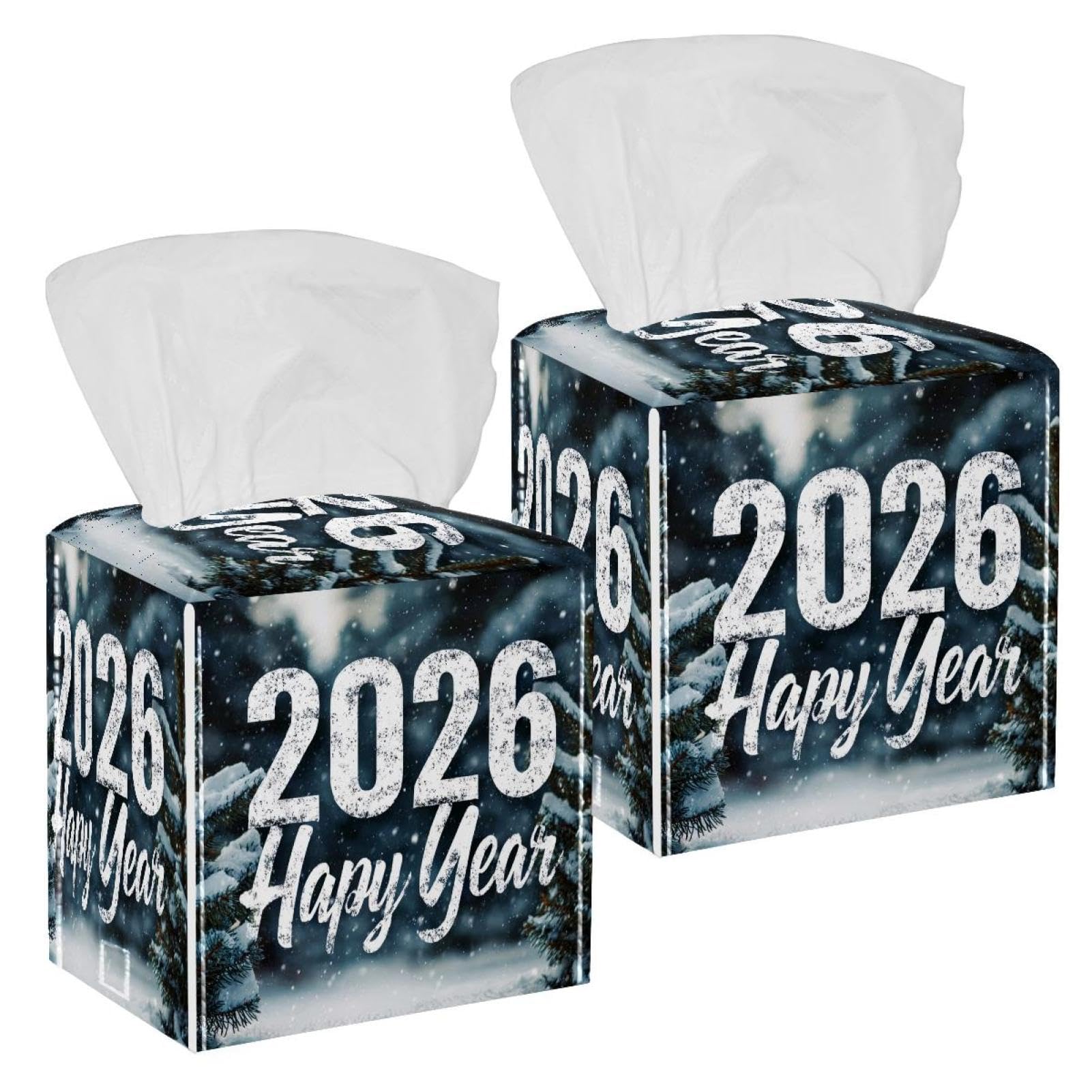2 Pack Happy 2026 Tissue Box Cover Holder Square Tissue Foldable Cube Cover PU Leather Tissue Organizer with Bottom Belt for Bathroom, Tabletop, Car, Night Stands, Office