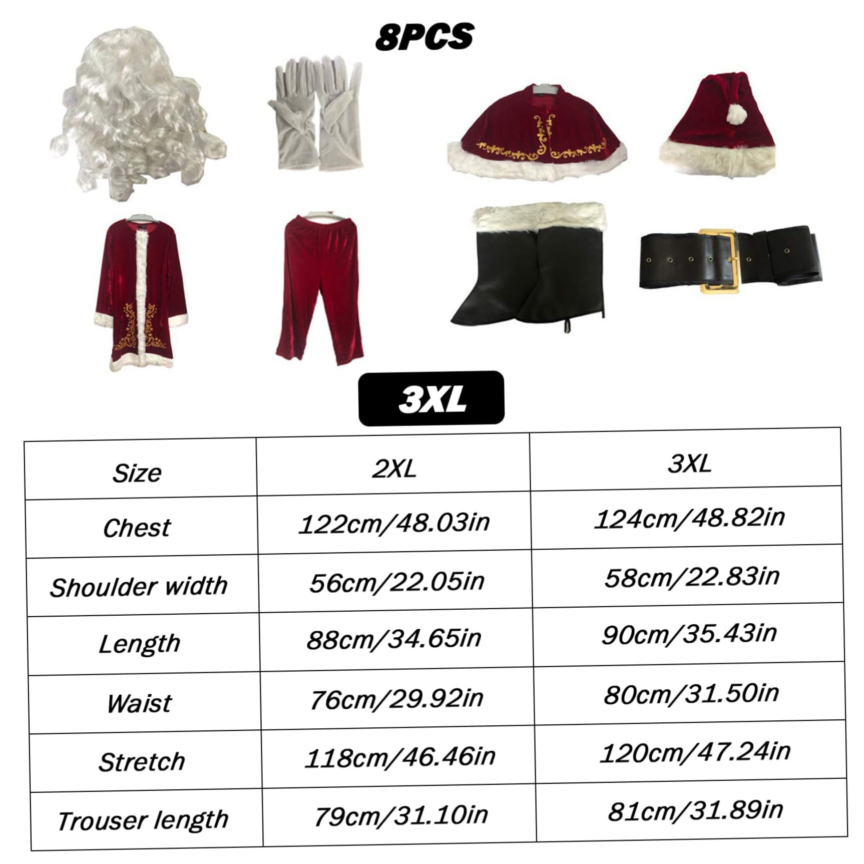 Weihnachtsmann-Kostüm für Erwachsene, 8 Teile/Satz, Samt-Weihnachtsmann-Anzug, Herren-Weihnachtsoutfit für Weihnachten, Urlaub, Party, Cosplay, 3XL