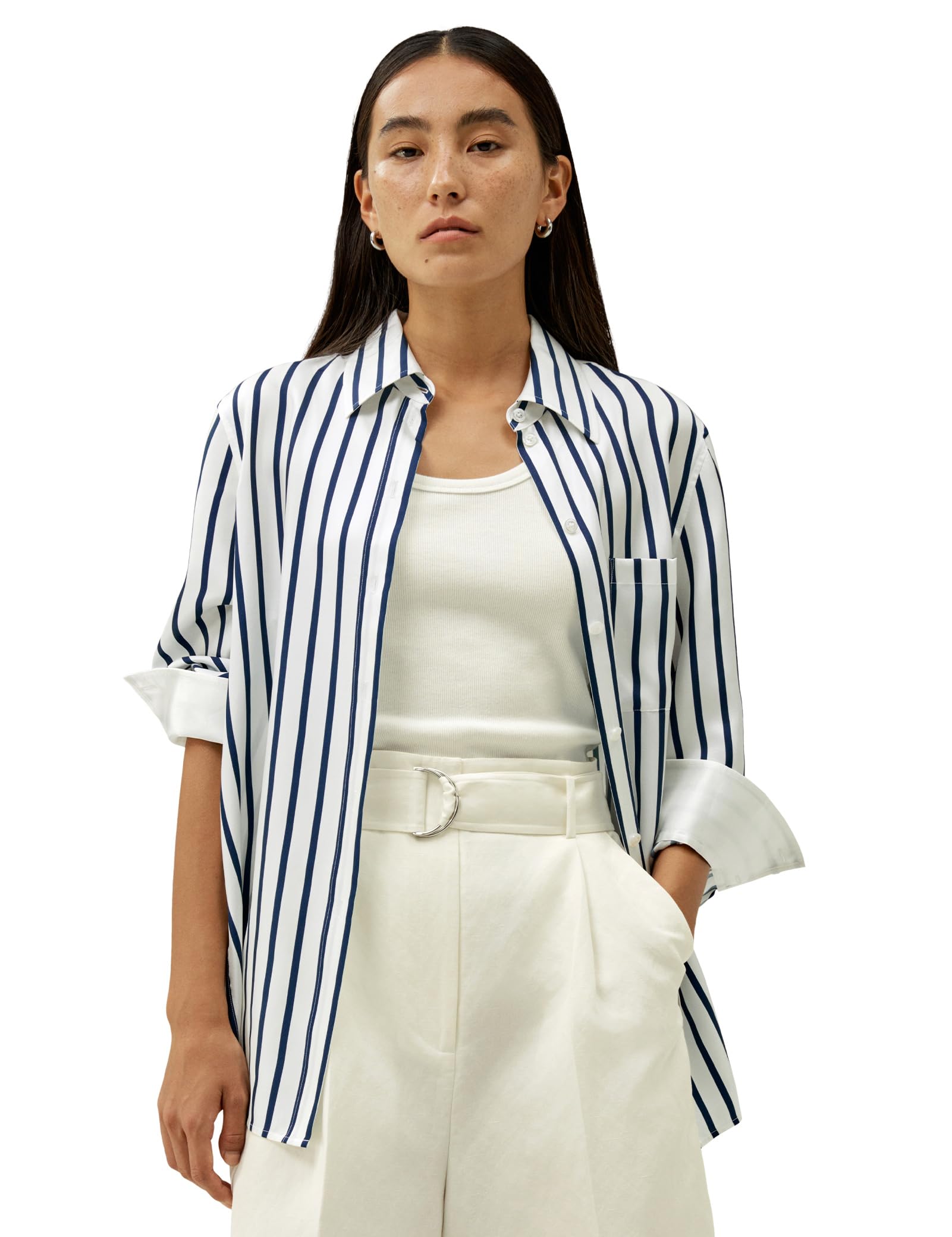 LilySilk Damen Oversized Seidenbluse Satinpaspeln an Ärmeln und Kragen Zeitloses Design für Büro und Freizeitoutfits
