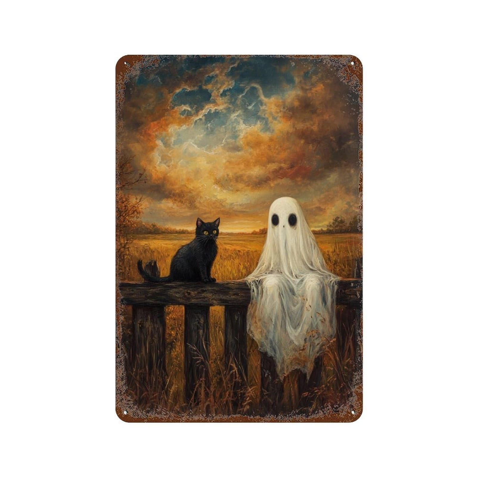 Ghostly Cat Fence Painting Rusty Metal Tin Sign 11.8"x7.9", Vintage Wall Decor for Garage, Pub Or Kitchen