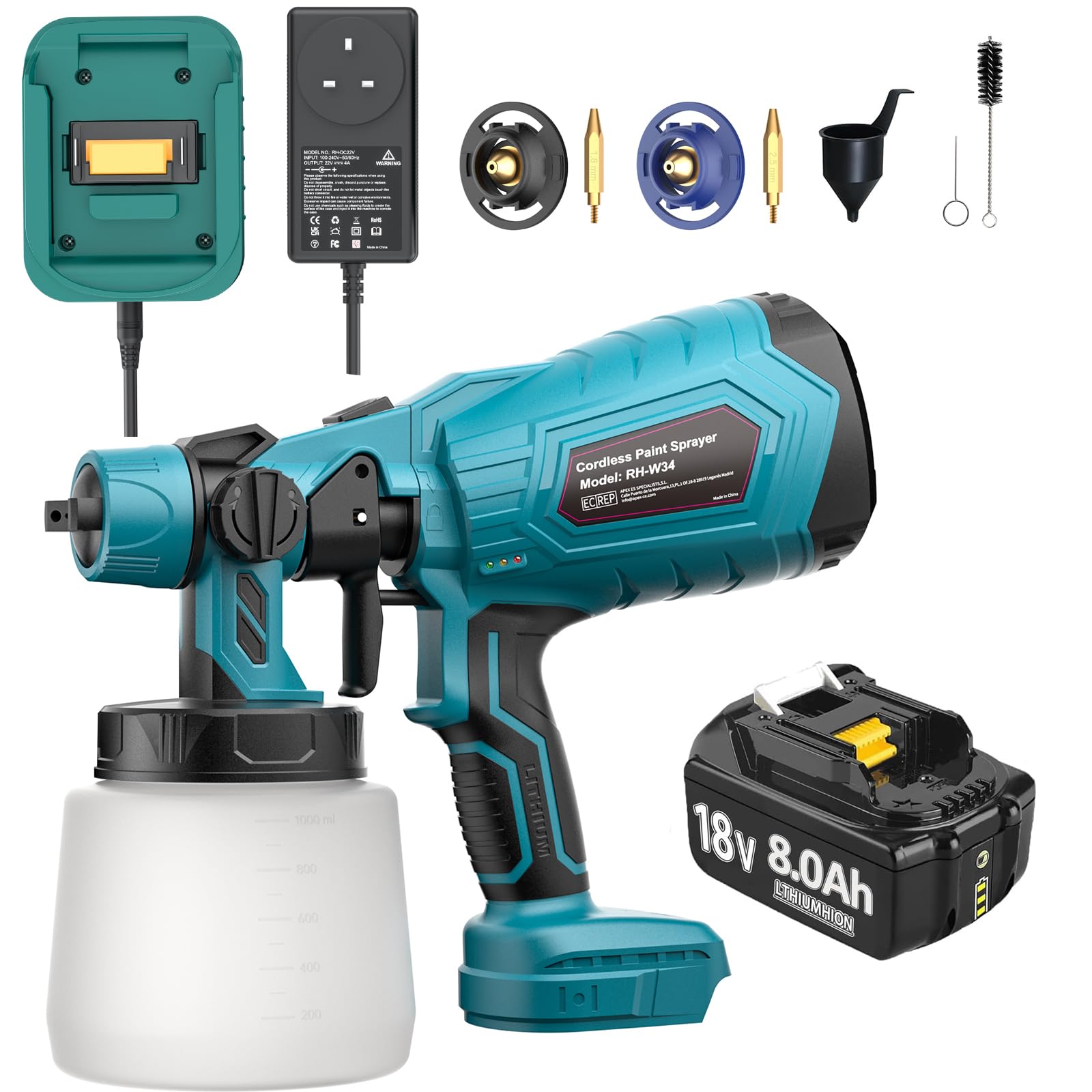 Cordless Paint Spray Gun and 8000mAh Battery Charger, Handheld Paint Spray suitable for Garden Fence Wall, Furniture