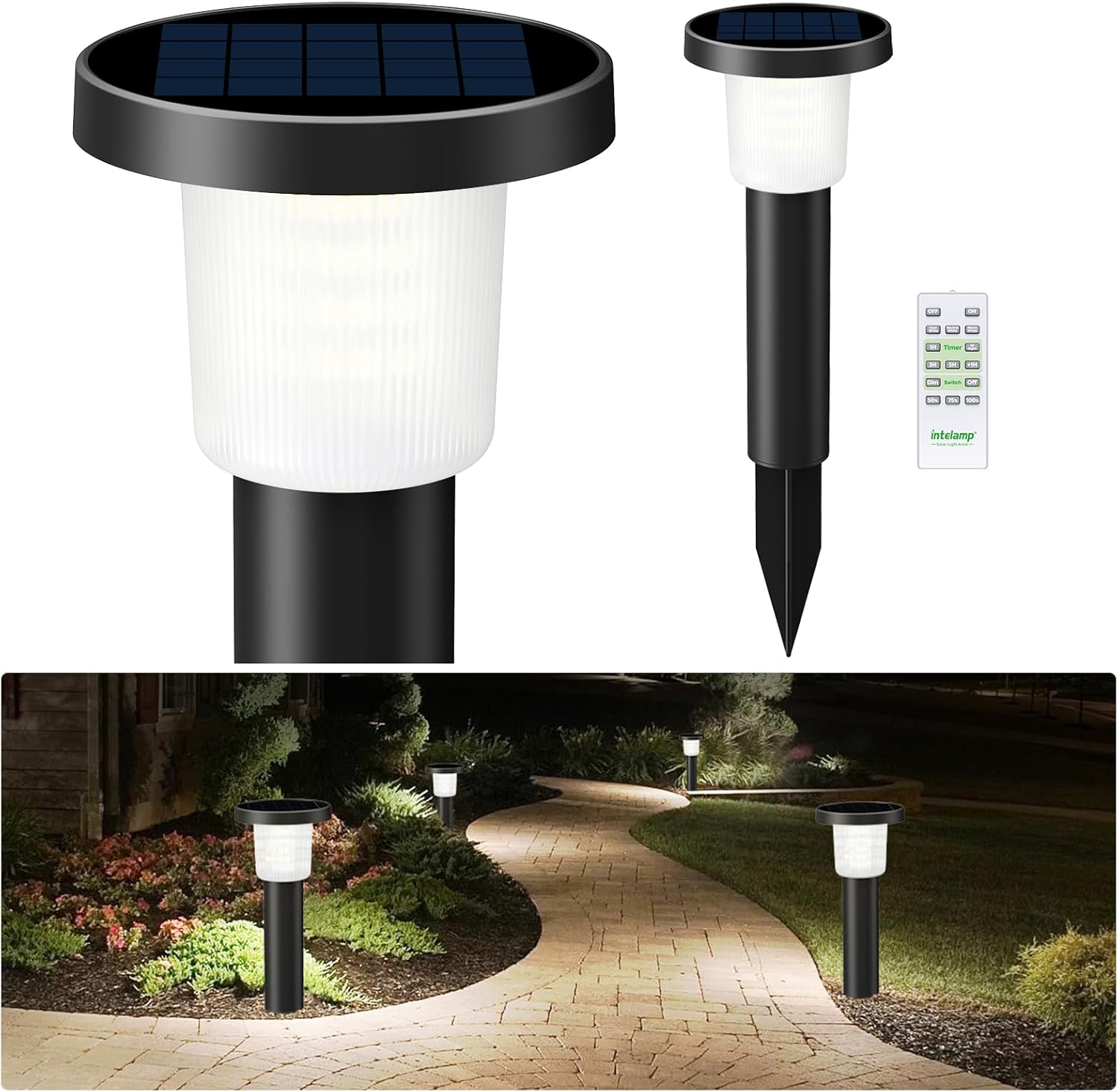 intelamp Solar Garden Lights Outdoor Waterproof, 2 Pack Bright LED Solar Powered Patio Decor Lighting Outside with Remote Control 3 Color Auto On/Off Yard Light for Lawn Pathway Porch Landscape Path