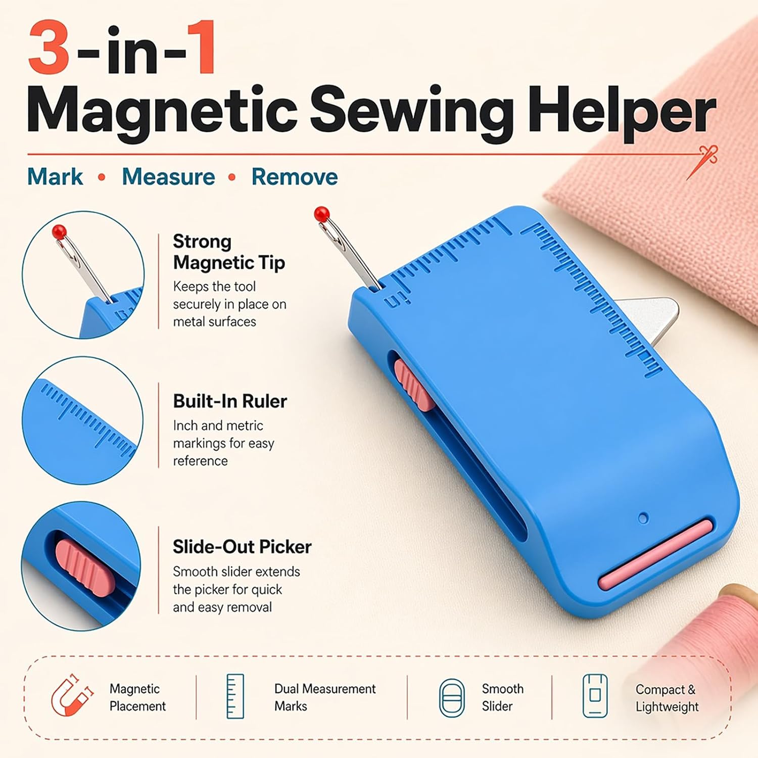 Magnetic Seam Guide for Sewing Machine, 3-in-1 Guide Sewing Presser Foot with Heat Erasable Fabric Marking Pens