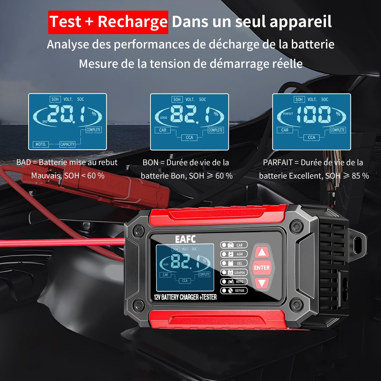 12V Chargeur Batterie Voitures 6A, Testeur de Batterie 100-2000 CCA 4-120Ah, Maintien de Chargeur de Piles Analyseur Compatible 12V Batterie au Plomb, AGM, Gel, pour Voiture, SUV, Moto, Bateau