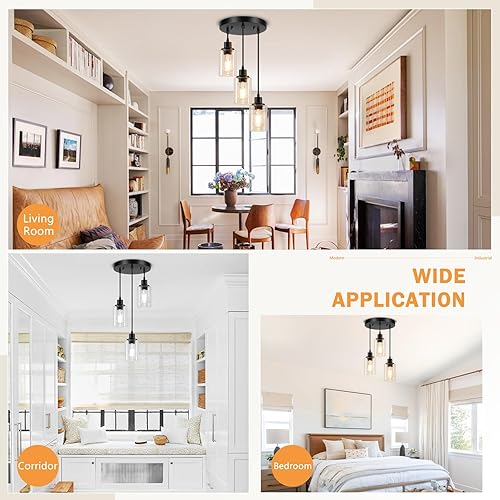 Miniatura 5 de Licperron Lámparas colgantes de 3 luces, luces colgantes negras para isla de cocina, iluminación colgante ajustable con pantalla de vidrio