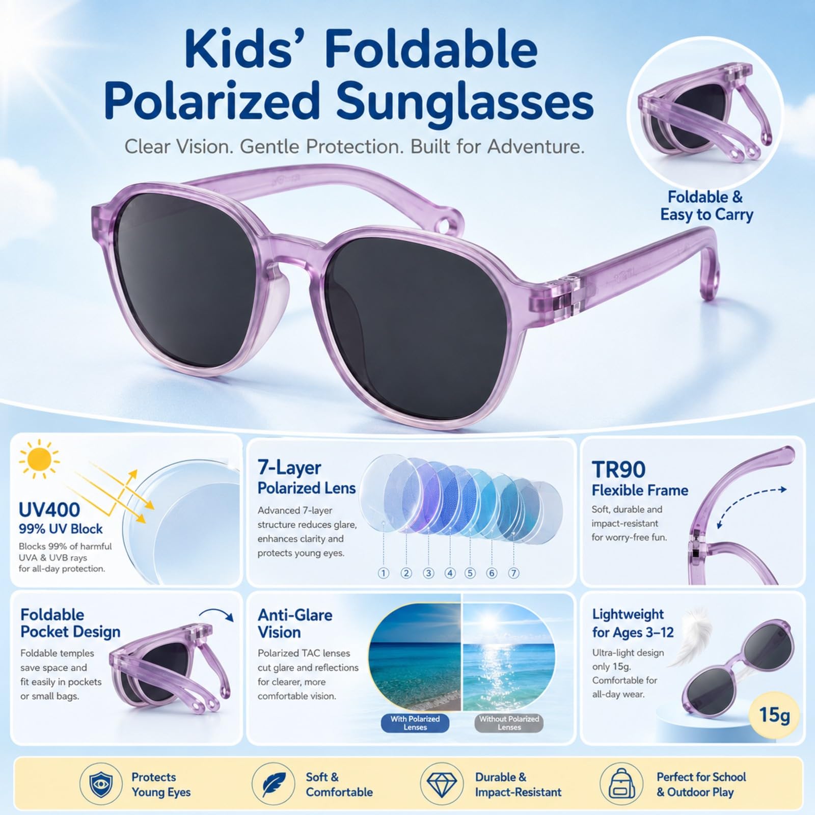 LVJMJ Składane polaryzacyjne okulary przeciwsłoneczne dla dzieci UV400 TR90 - TAC soczewki okulary przeciwsłoneczne dla chłopców dziewcząt w wieku 3-12 lat z etui i paskiem