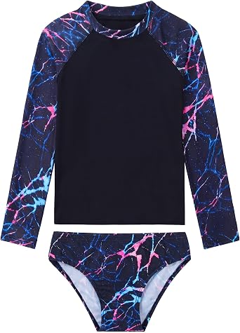 Girls Rash Guard Swimsuit Two Pieces Adorable Swimswear Quick Dry Bathing Suit Long Sleeve