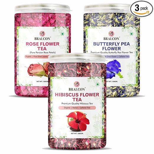 Organic Herbal Tea Combo Pack- Hibiscus Flower Tea, Butterfly Pea Flower Tea, Rose Flower Tea- 300g(100g x 3 Pack)|Caffeine Free|Hibiscus Tea Leaves|Blue Pea Tea|Rose Tea