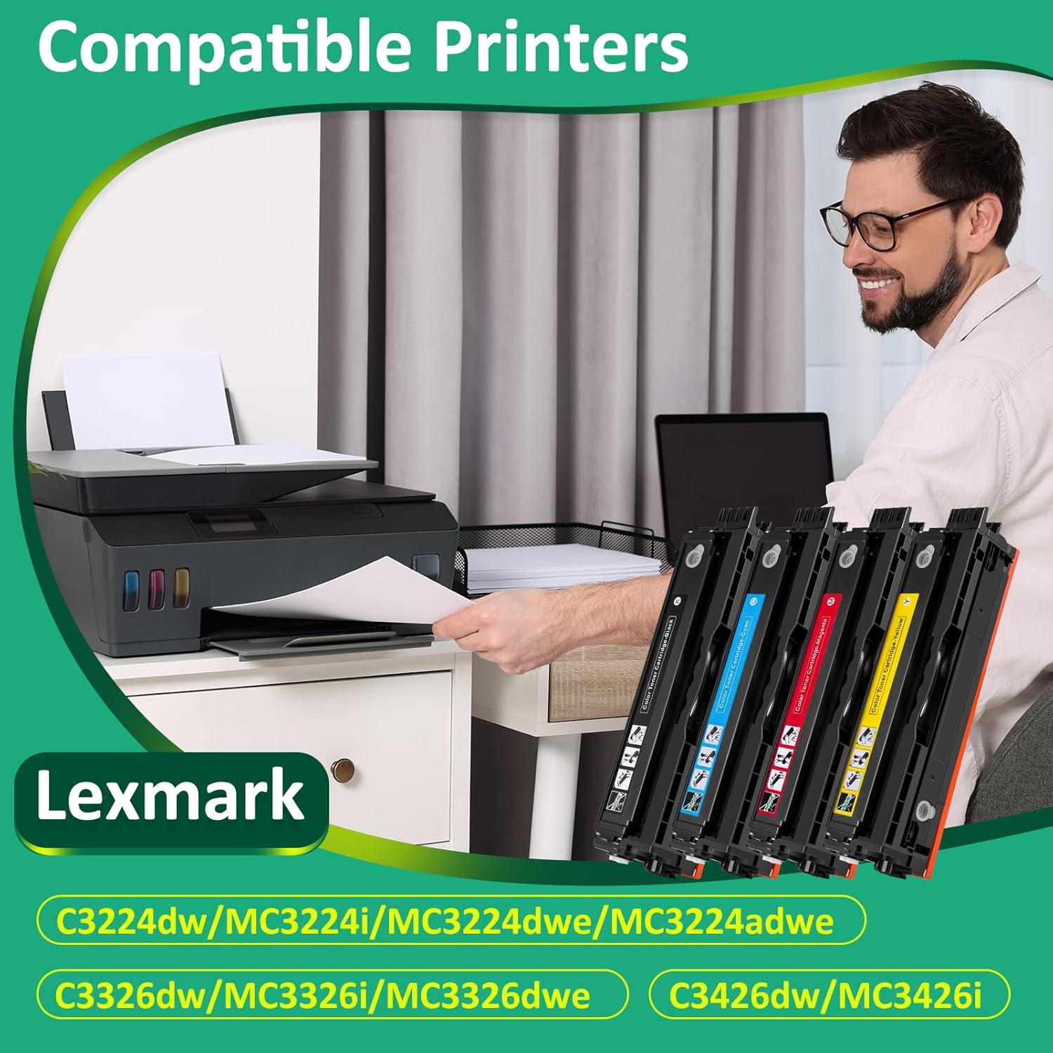 for Lexmark MC3224 Toner Cartridge (with Chip),1.5K Pages High Cartridge C3210K0 C3210C0 C3210M0 C3210Y0 Compatible C3224 MC3224 C3326 MC3326 C3426 Printers,Replaceable C320010 Ink Cartridge (4 Pack)