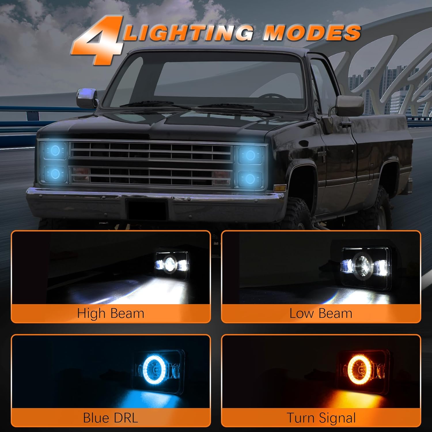 4x6 LED Headlights DOT Approved with Blue DRL Amber Turn Signal Halo Compatible for 1986 Che-vrolet CK 10 Rectangular H4656 H4651 H4642 H4652 Peterbilt 357 378 379 XR400 XR250 XR650