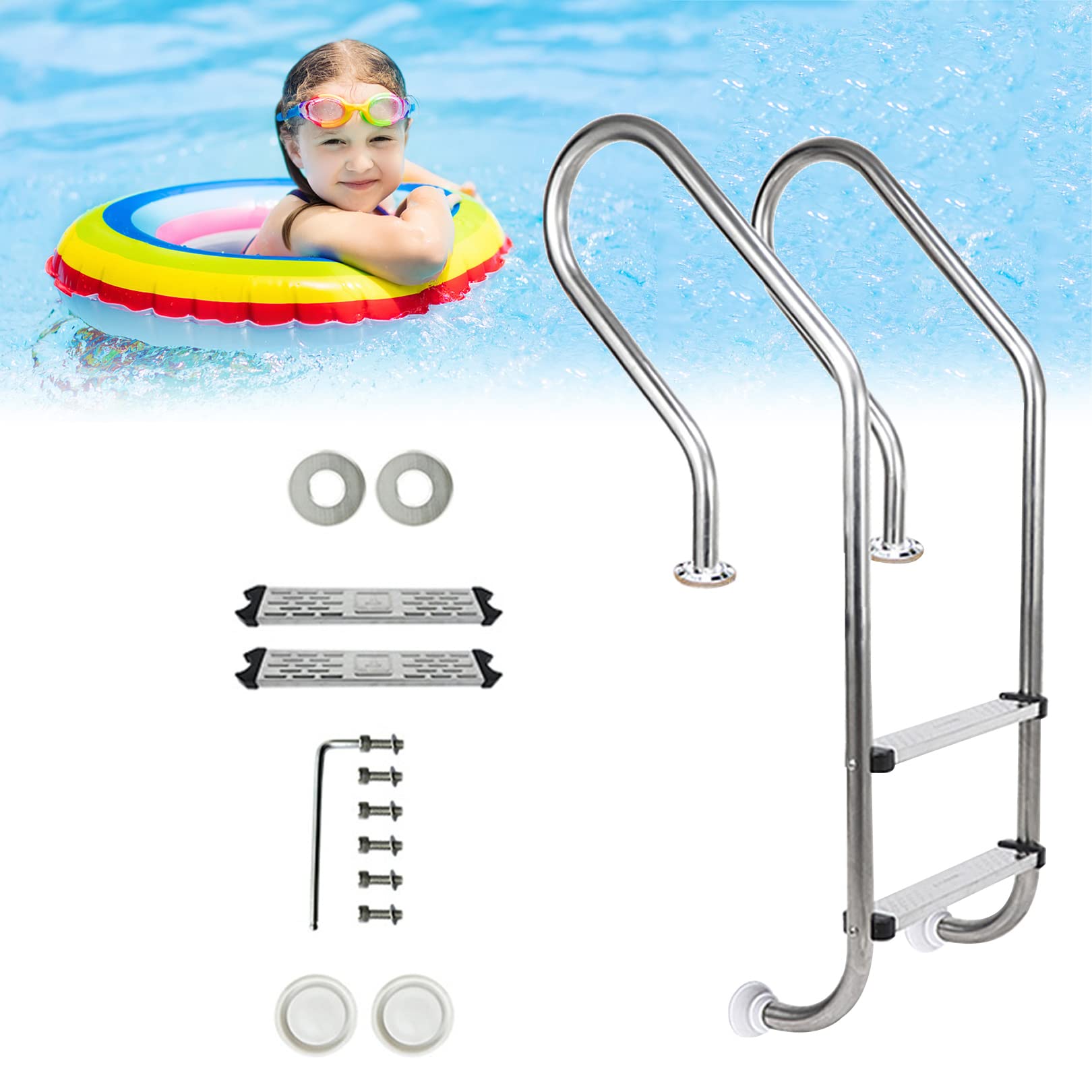 Rambarde d'escalier pour piscine extérieure et spa avec échelle inox 2 marches résistante