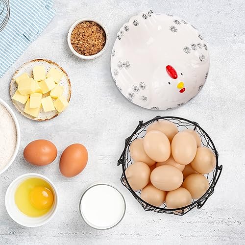 Miniatura 6 de AVLA Cesta de huevos de gallina, colección de huevos de alambre negro con tapa de cerámica para recolectar huevos frescos, soporte para huevos de