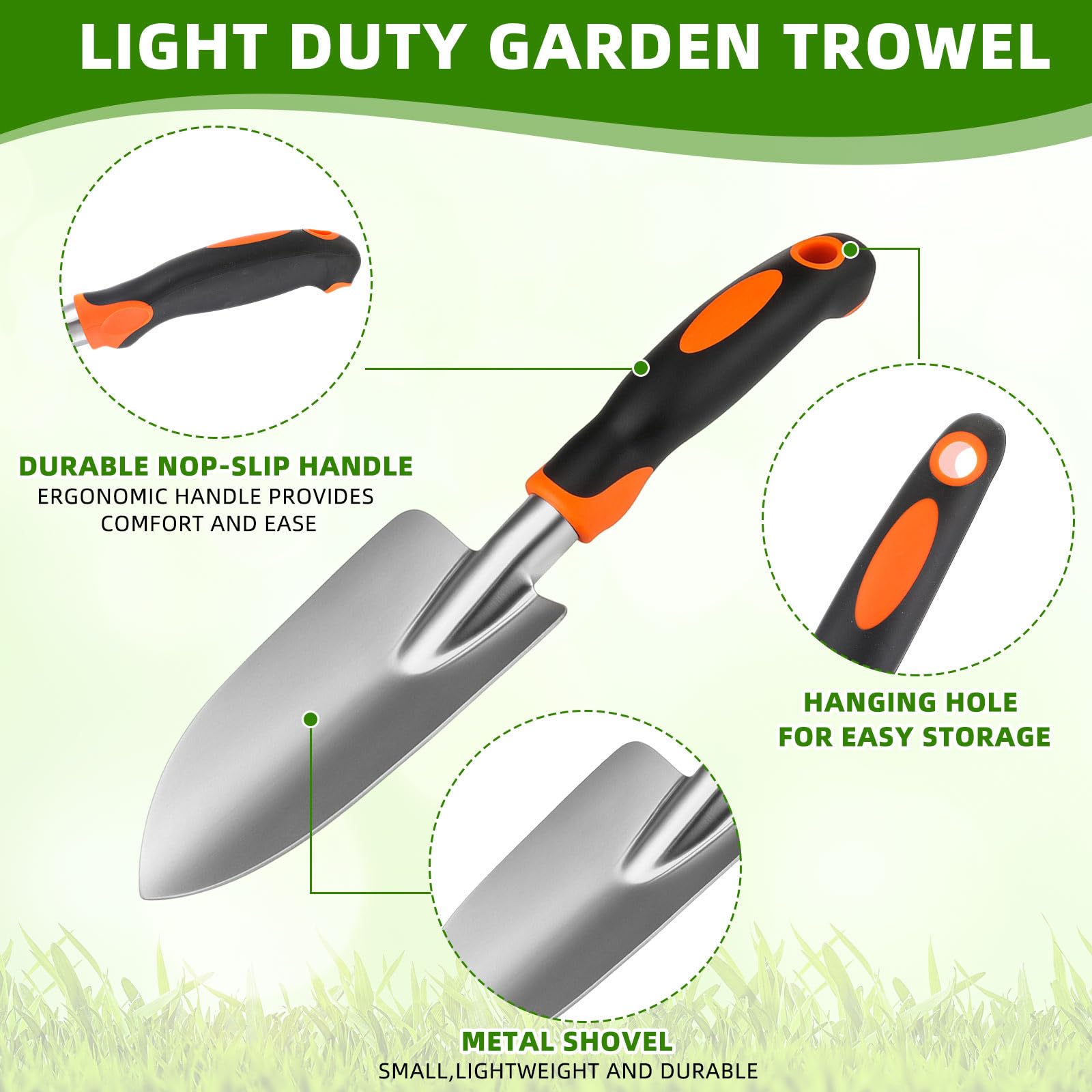 Yaocom 12 pala da giardino in lega di alluminio resistente, piccole pale da scavo in metallo, con manico morbido, per giardino, prato, cortile (pala larga, giallo, verde, arancione, rosso)
