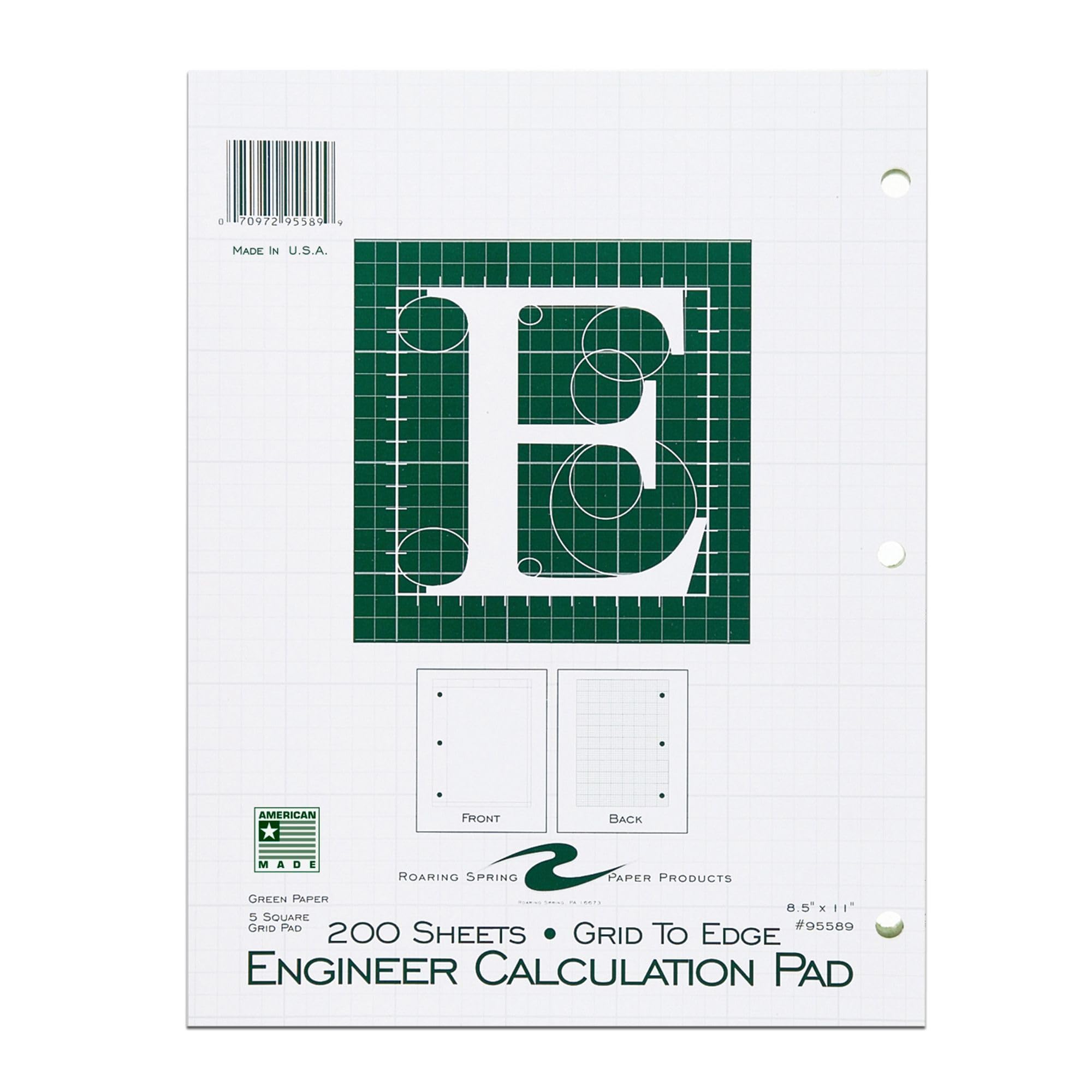 ROARING SPRING Graph Ruled Engineering Pad, Engineering Graph Paper Pad, 5x5 Grid to Edge, 8.5" x 11", 200 Sheets, 3 Hole Punched, Green Tinted Sheets