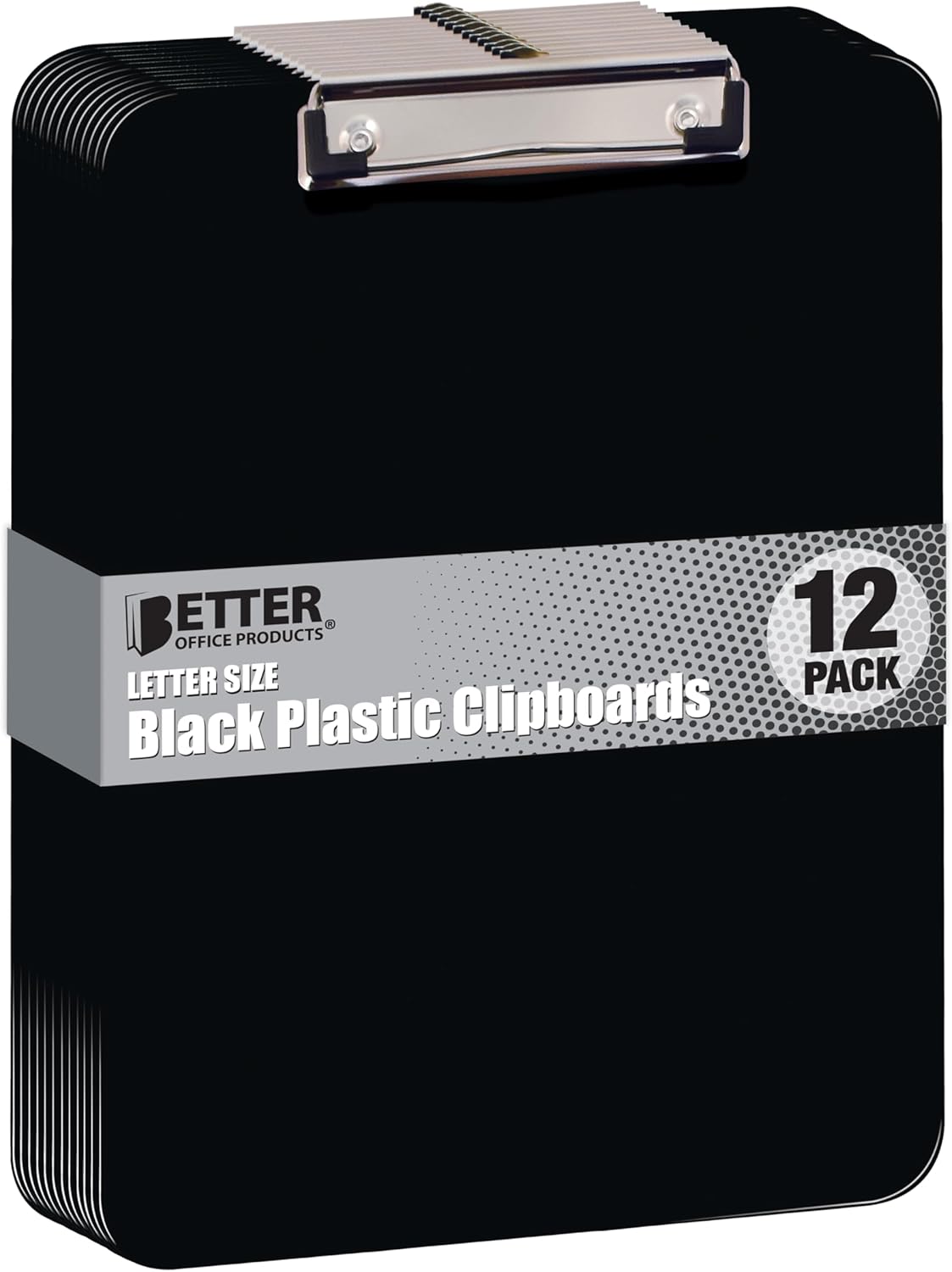 Better Office Products Black Plastic Clipboards, 12 Pack, Durable, 12.5 x 9 Inch, Low Profile Clip, Black, Set of 12