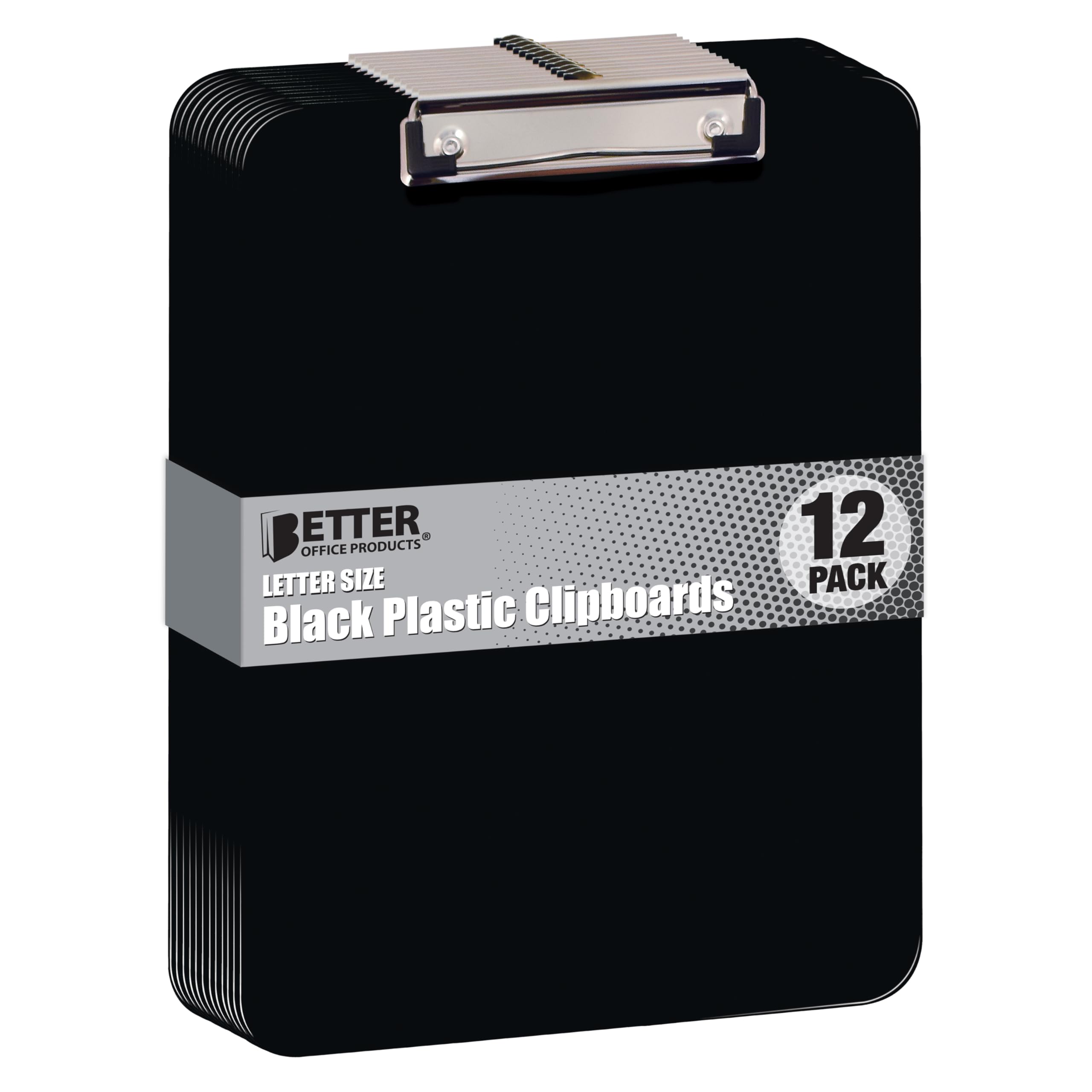 Black Plastic Clipboards, 12 Pack, Durable, 12.5 x 9 Inch, Low Profile Clip, by Better Office Products, Black, Set of 12