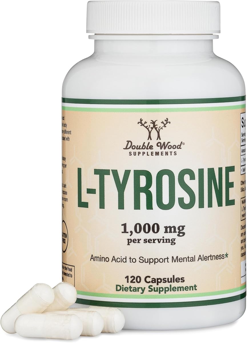 L-Tyrosine 1,000mg per Serving, 120 Veggie Capsules (L Tyrosine Supplement for Memory, Attention, and Focus) Amino Acid, Vegan Safe, Non-GMO by Double Wood