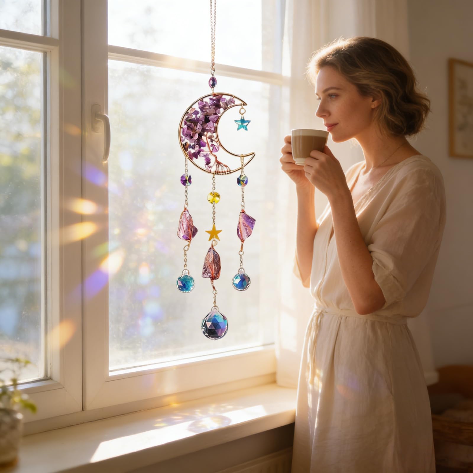 Atrapasoles Cristal Colgante 40cm, Luna y Estrella, Bola de Cristal, Cristales para Colgar, Campana de Viento para Casa Jardín Oficina Ventanas Campanas Coche Fiesta Boda Decoración, Regalos Mujeres
