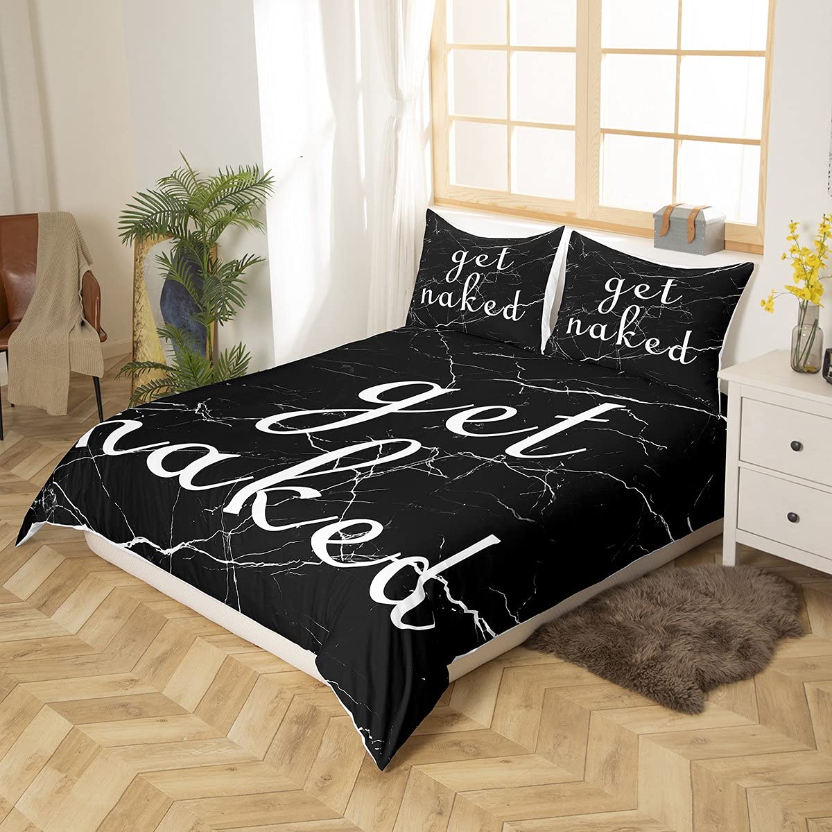 Loussiesd Get Naked Duvet Cover Black and White Marble Texture Comforter Cover Funny Quotes Bedding Set For Couple Lover Men Women Modern Fashion Bedding & Linen Ultra Soft Double Bedclothes - Image 2