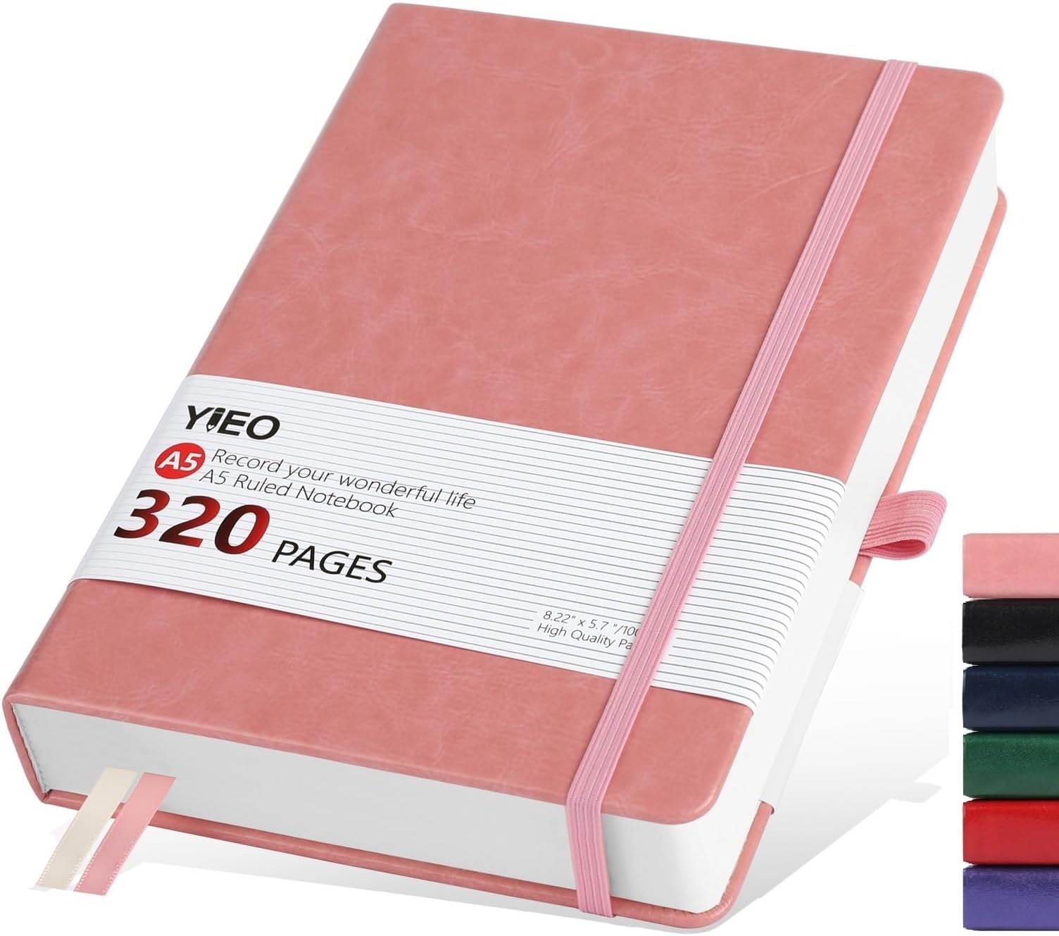โ Notebook A5, Hardback A5 Notebook Thick Journal Notebook 320 Pages 100GSM A5 Lined Note Book Hardcover Notepad with Inner Pocket, Pen Loop, Elastic Closure and 2 Ribbon Page Marker,14.5 x 21cm-Pink