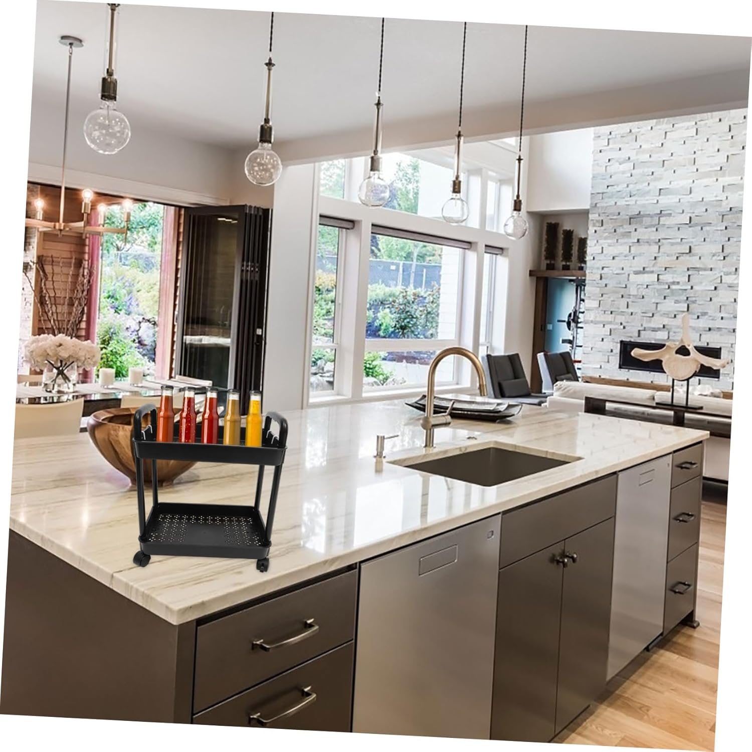 Double Layer Stroller Storage Rack Rolling Cart Wheels Garden Wagon Cart for Kitchen Bathroom