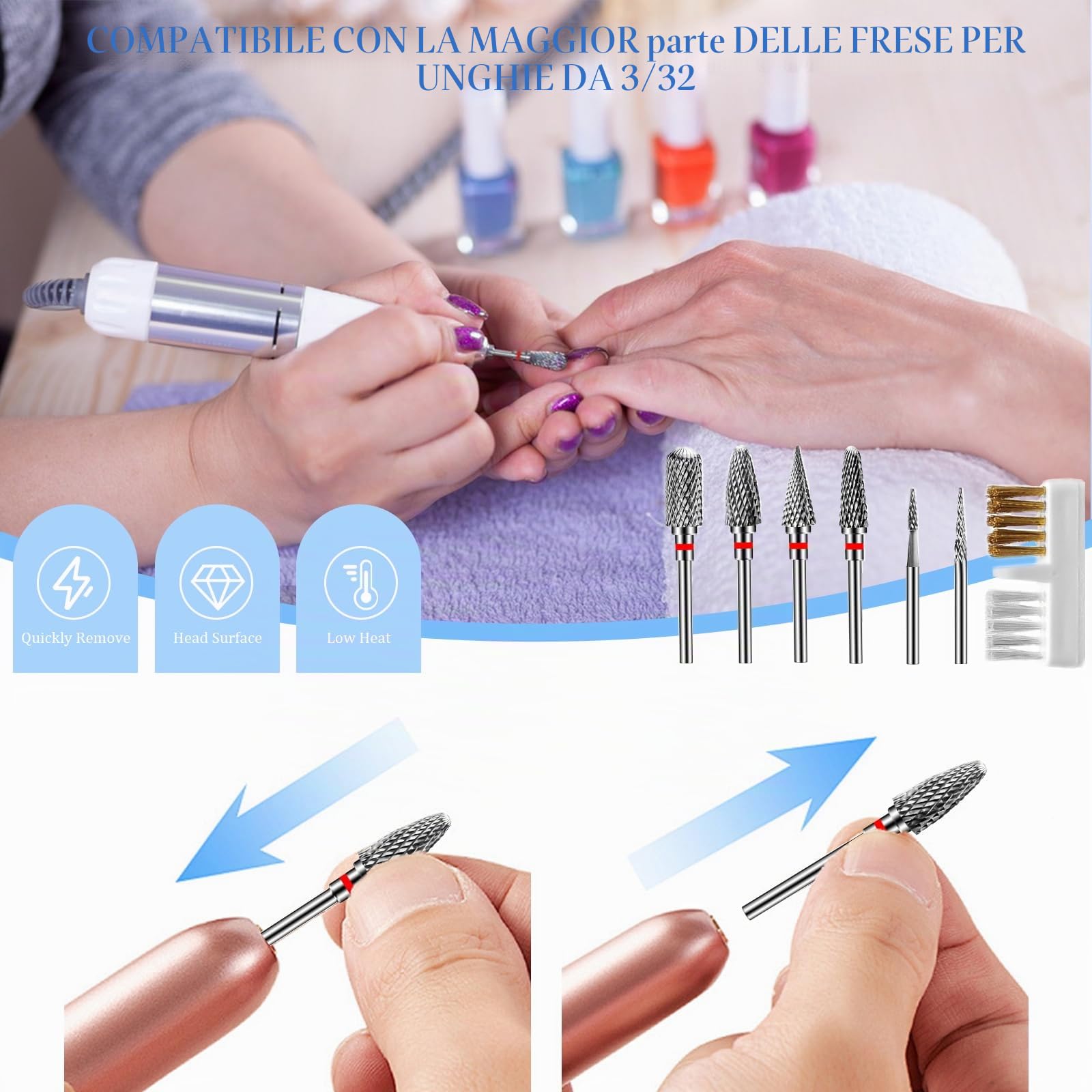 6 Pezzi Punte Fresa Unghie, Punta da Trapano per Unghie in Carburo di Tungsteno, 1 Pennello, 3/32 Pollici Punte Fresa Cuticole per Manicure e Pedicure,Rimozione Gel (StilC)