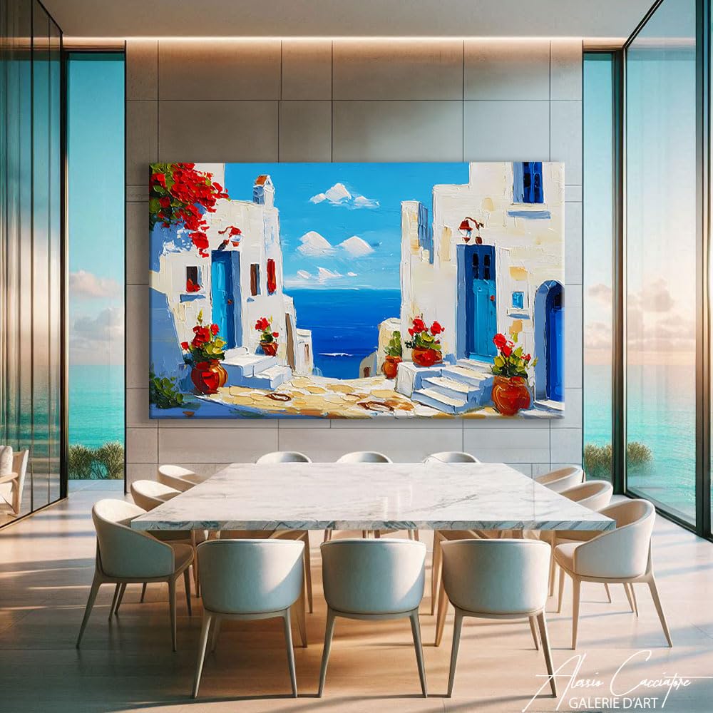 Alessio Cacciatore Quadro Grecia - Cornice decorativa da parete paesaggio mare - Stampa su tela mediterranea - Quadro nautico - Poster decorazione da parete Ocean - tela moderna design soggiorno (40 x