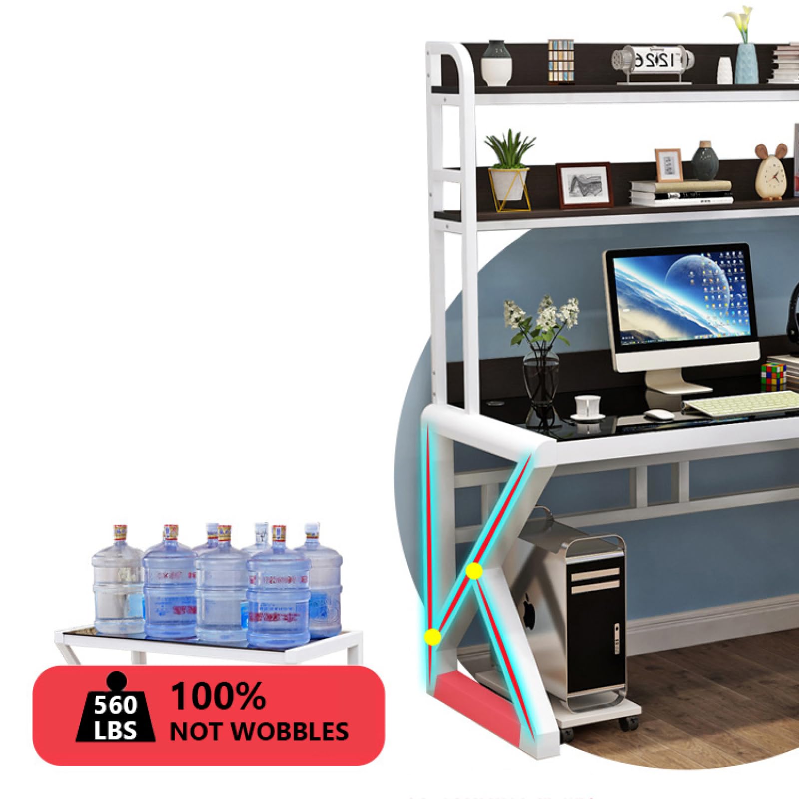 Amazon | 強化ガラス製コンピューターデスク 棚付き 本棚 モダン